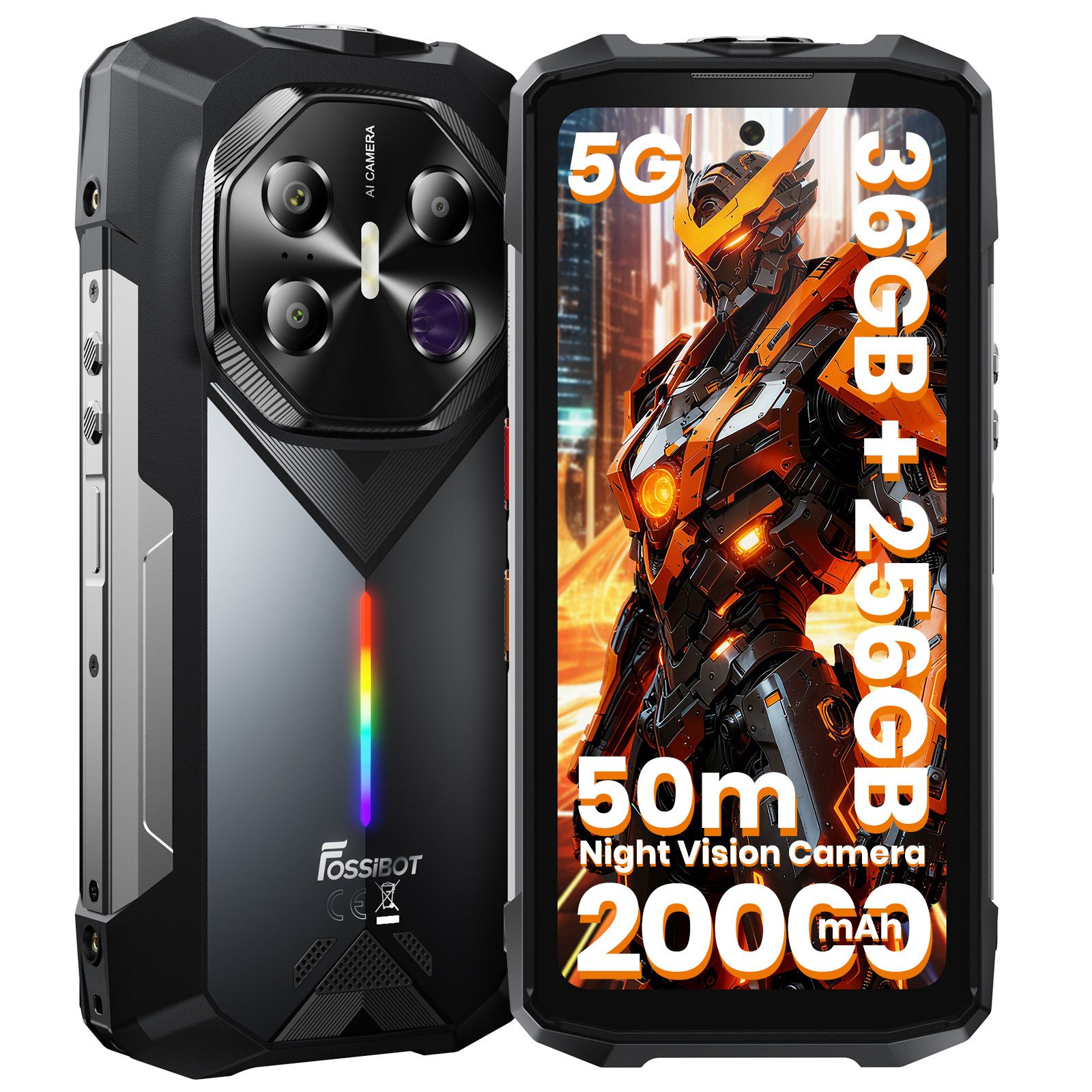 Fossibot 5G Robustes Handy 256GB 6,78'' 120Hz 20000mAh Android 15 IP68 Outdoor Smartphone (17,2 cm/6.78 Zoll, 256 GB Speicherplatz, 50 MP Kamera, 110dB-Lautsprecher/1,5W LED-Campinglicht,5G Outdoor Handy,Octa-Core)