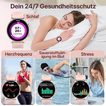 WalkerFit Smartwatch (1,4 Zoll, Android, iOS), mit Telefonfunktion,Armbanduhr Herzfrequenz/SpO2/Schlaf/Stress/Periode