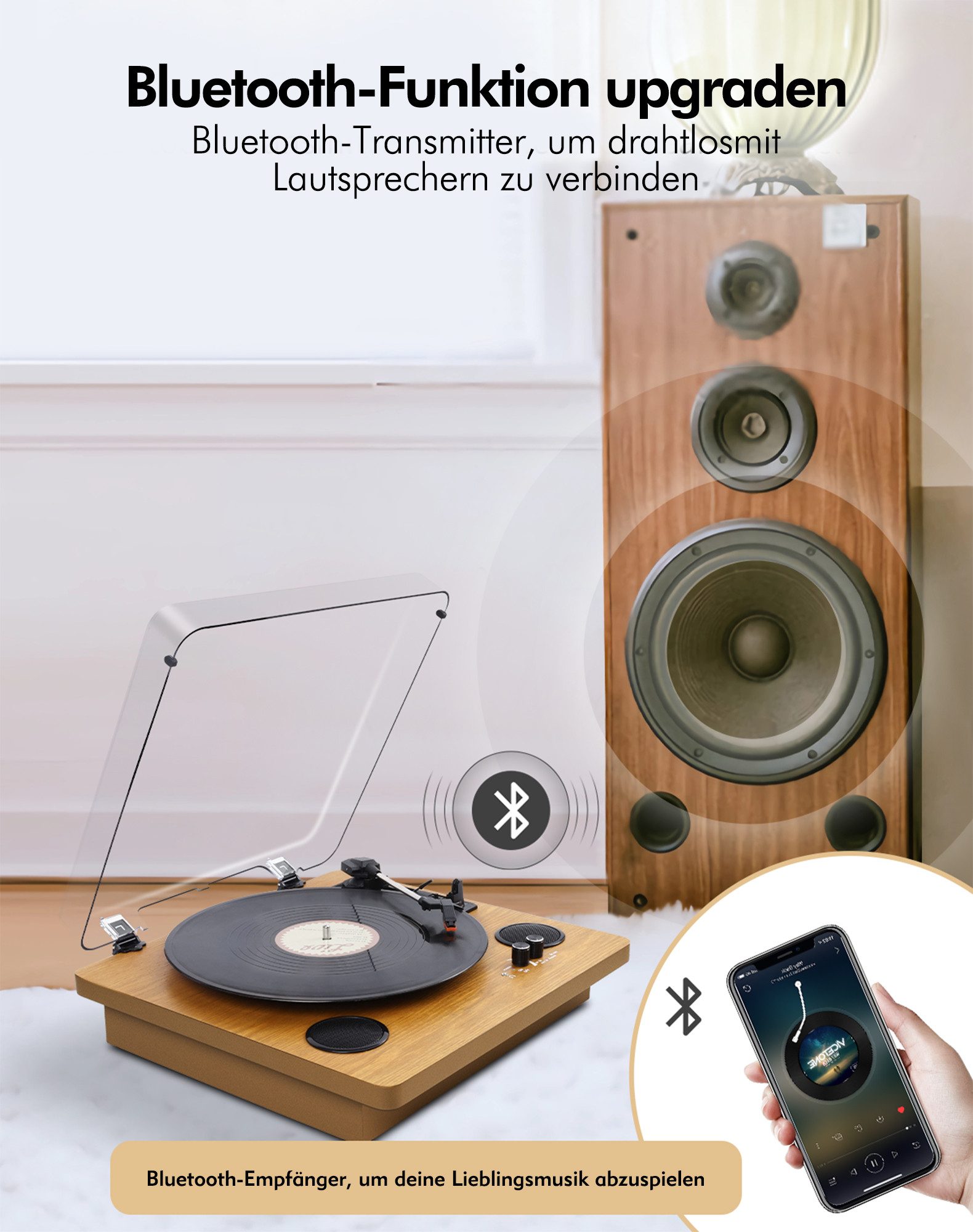 Fofile Bluetooth 5.4 Schallplattenspieler 2 Stereo-Lautsprecher 3-Gang Plattenspieler (Direktantrieb, 33-1/3, 45, 78 U/min und 7/10/12 Zoll Schallplatten oder Alben)