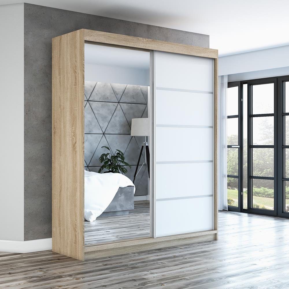 A&J MöbelLand GmbH Schiebetürenschrank GAPI mit Spiegel (TOP ANGEBOT! Geräumiger Schrank mit viel Stauraum:6 Regalen und 1 Kleiderstange – -ideal zur Aufbewahrung von Kleidung und Accessoires. TOP PRODUKT! Farbe und Größe (120 cm, 160 cm, 180 cm) zur Auswahl -wählen Sie das ideale Modell für Ihr Schlafzimmer!, Kleiderschrank mit Regalen) Breite: 120 cm, 160 cm, 180 cm, Höhe: 215 cm, Tiefe: 59,5 cm