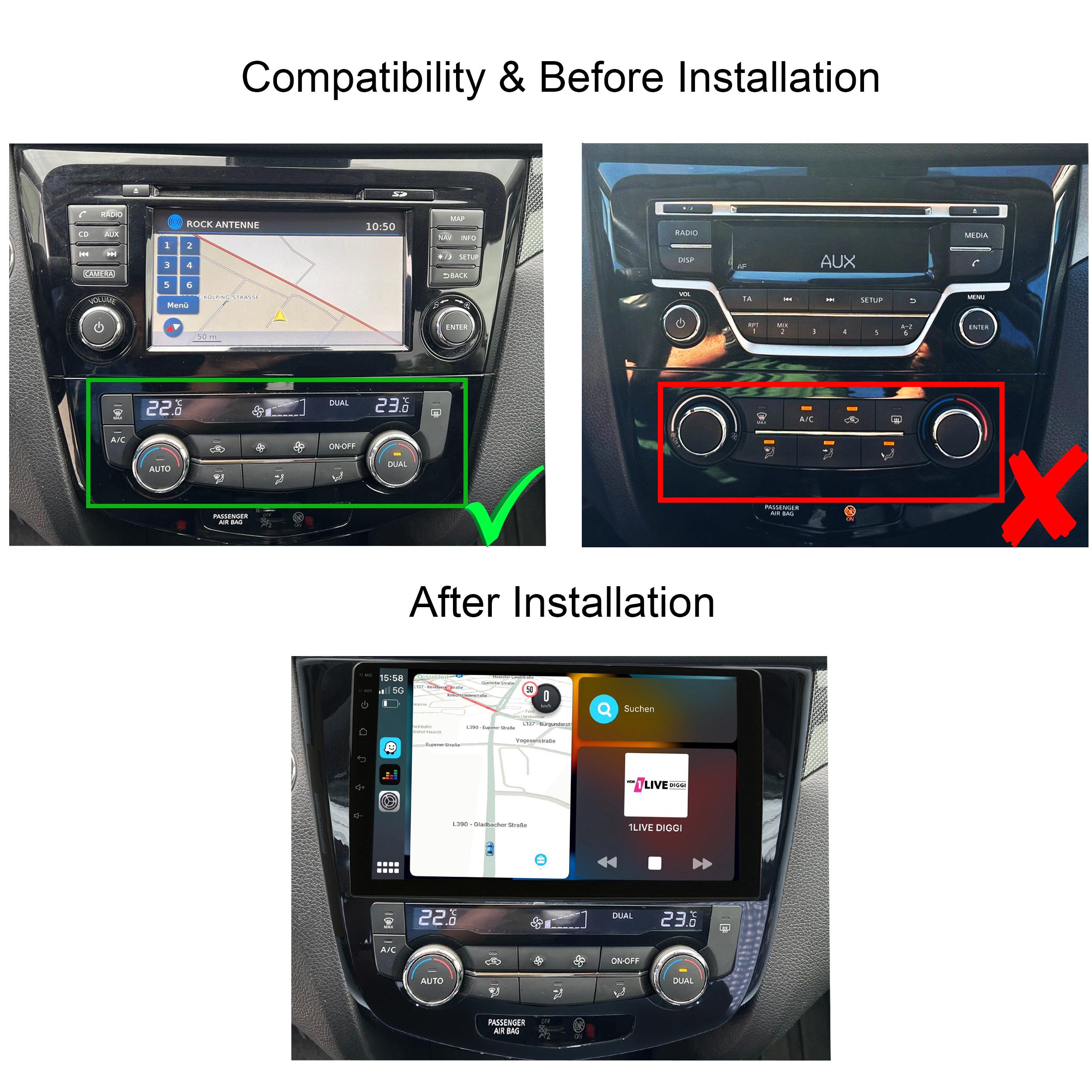 TAFFIO Für Nissan x-Trail Qashqai 10" Automatik Touch Android GPS CarPlay Einbau-Navigationsgerät