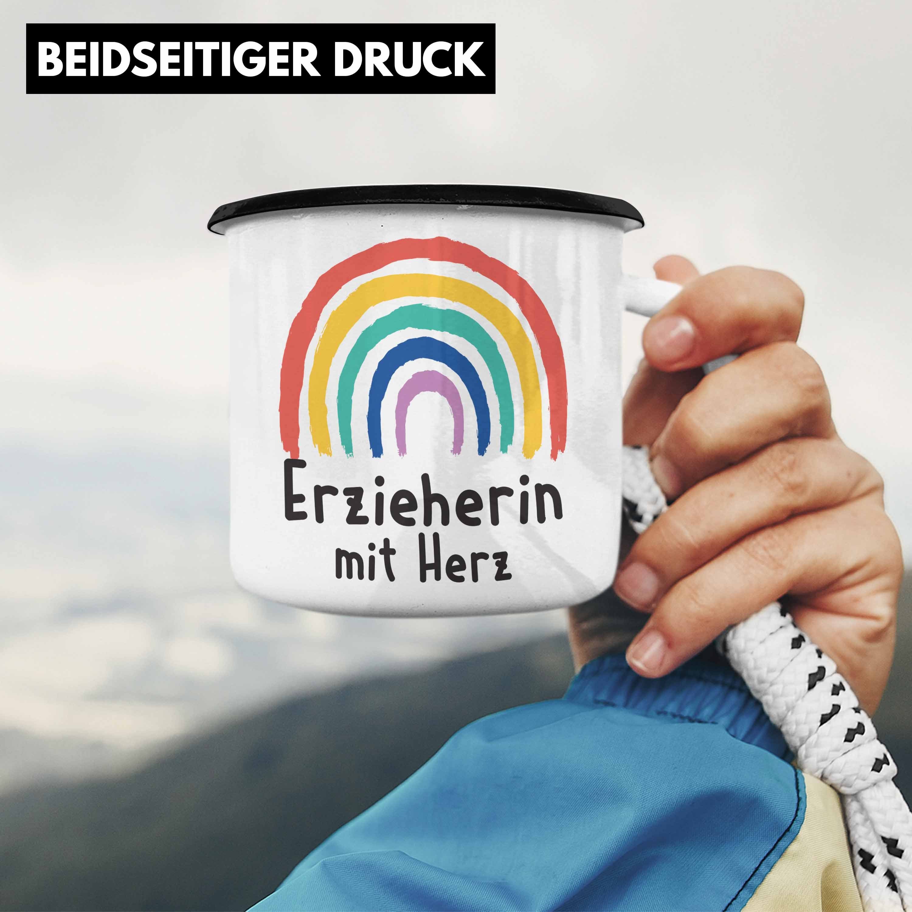 Trendation Thermotasse Spruch - Tasse Herz Erzieherin Kindergärtnerin mit Abschiedsgeschenk Schwarz KaffeeEmaille Geschenke Geschenk Trendation Tasse mit Emaille