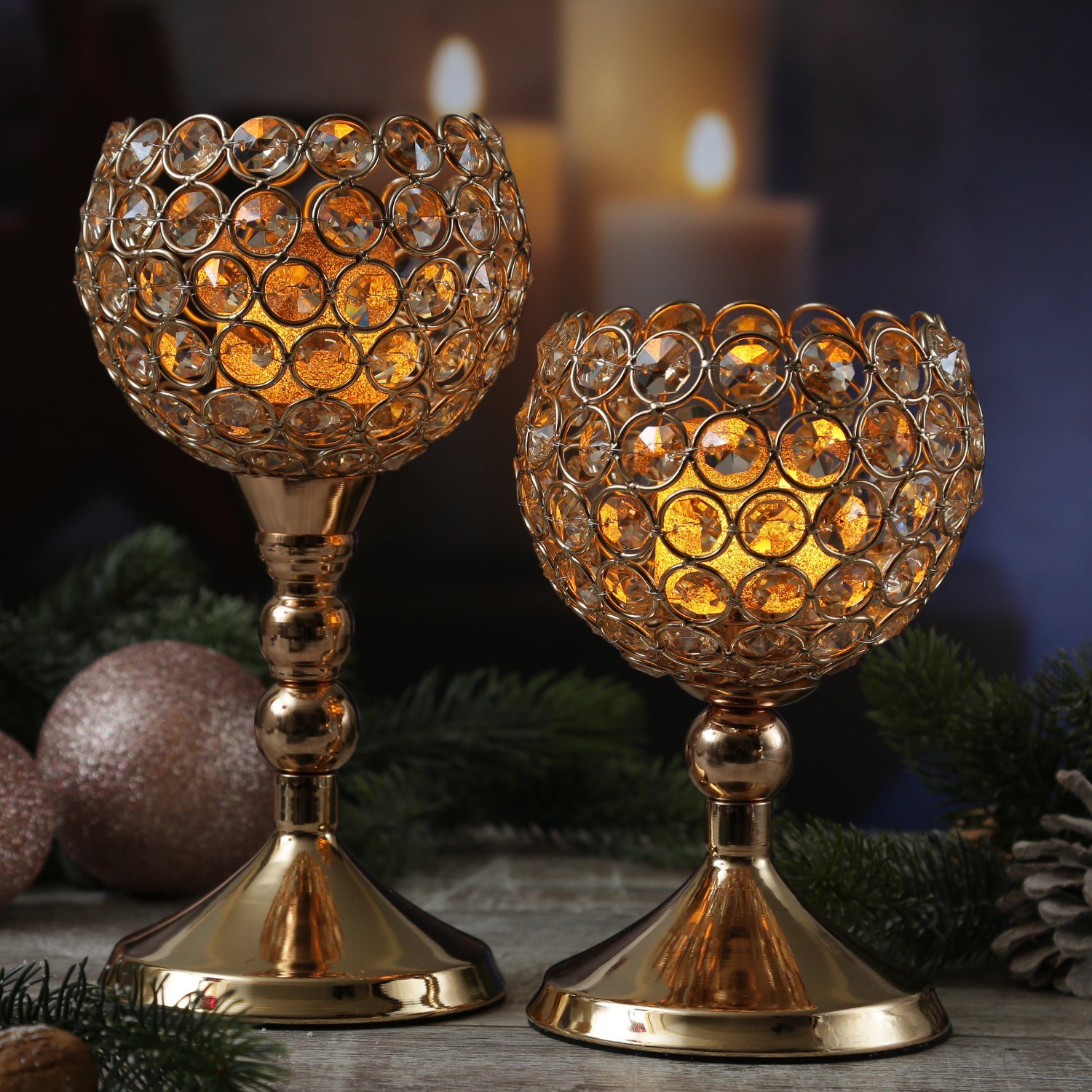 MARELIDA Kerzenhalter Teelichthalter Kelch Windlicht mit 2 Mini LED Kerzen H: 24cm/19cm 2St. (4 St)