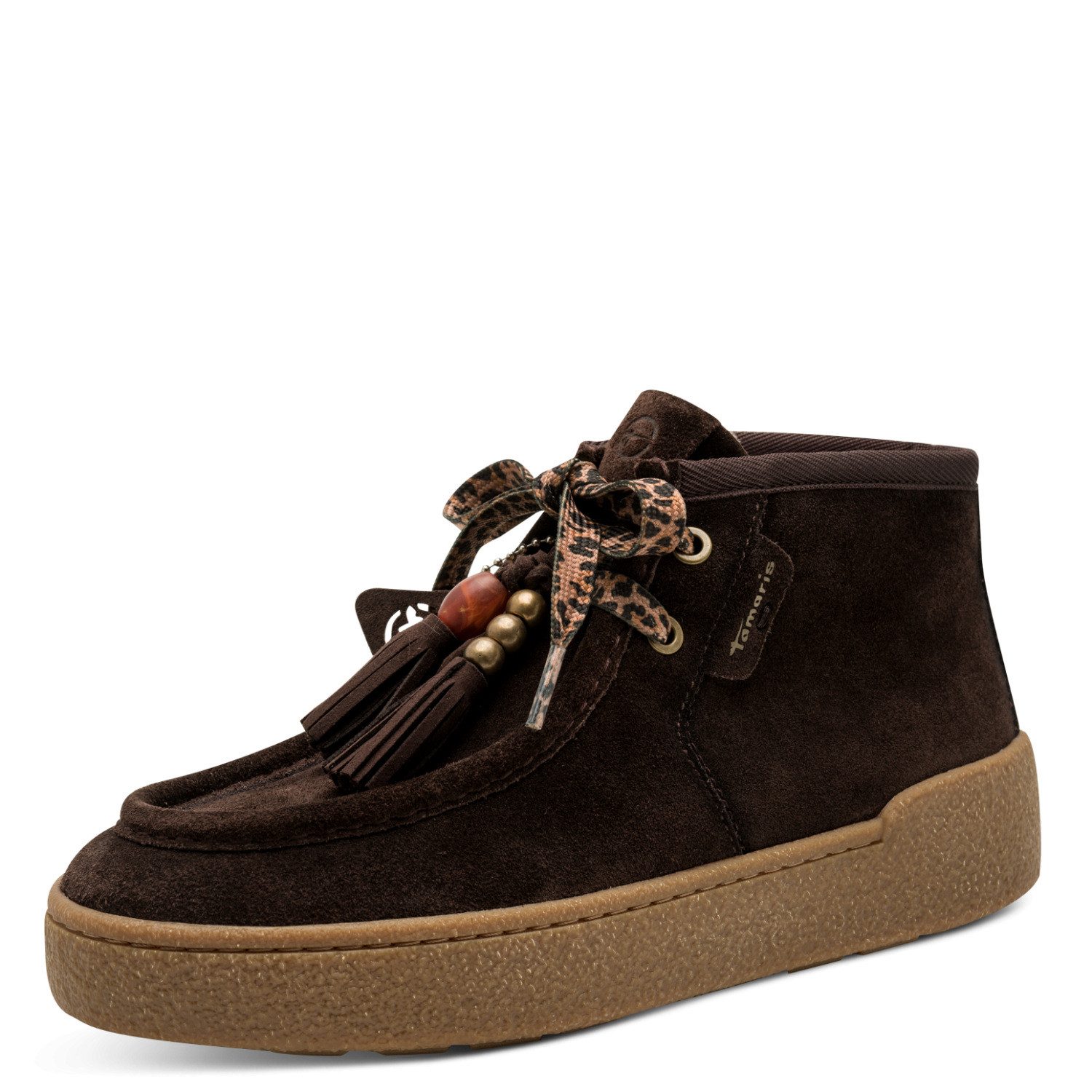 Tamaris Schnürboots Schnürstiefelette, Plateausboots mit Perlenanhänger und Leo-Schnürung