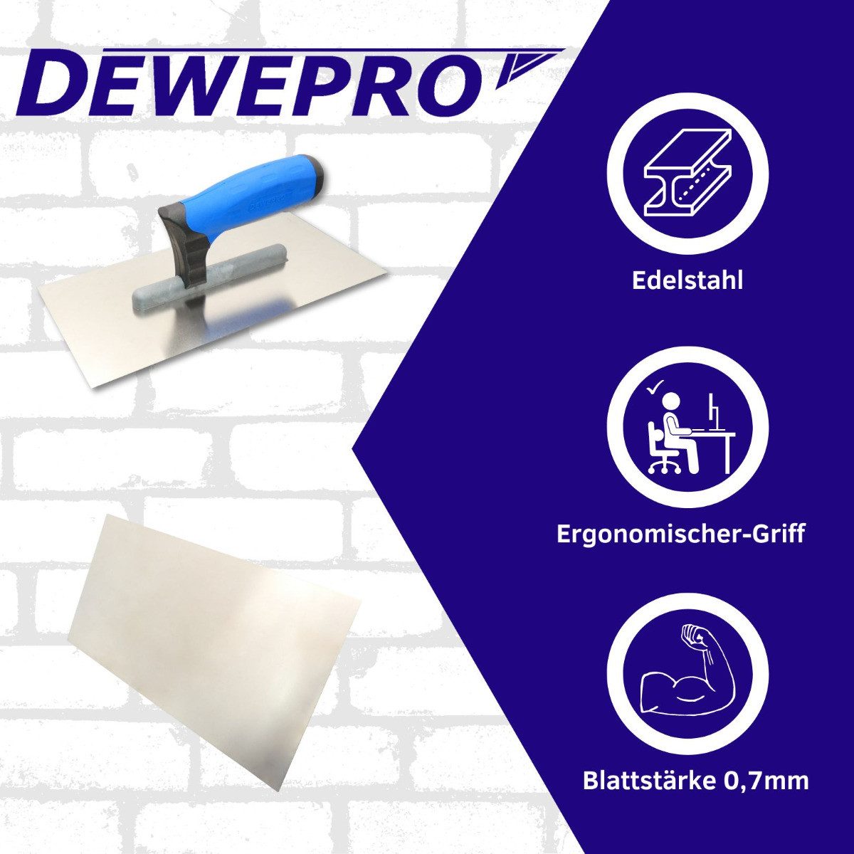 DEWEPRO Glättekelle DEWEPRO Glättekelle PROFI 3 mit 2-K-Griff, Edelstahlblatt - 270x130mm