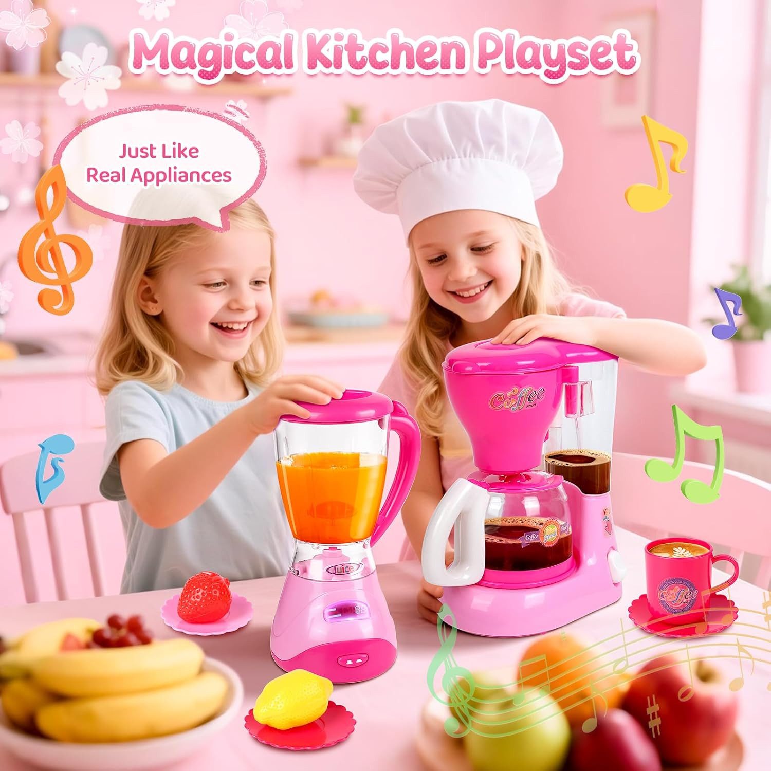 Greyghost Kinder-Küchenset Kinderküche Zubehör Set mit Mixer und Kaffeemaschine, (Kinderküche Zubehör Set mit Mixer Kaffeemaschine und Spielgeschirr, 11-tlg., Spielküche Zubehör mit Mixer Kaffeemaschine Tassen Obst für Kinder), Rollenspiel Zubehör für Kinderküchen Mit Licht- und Soundfunktion