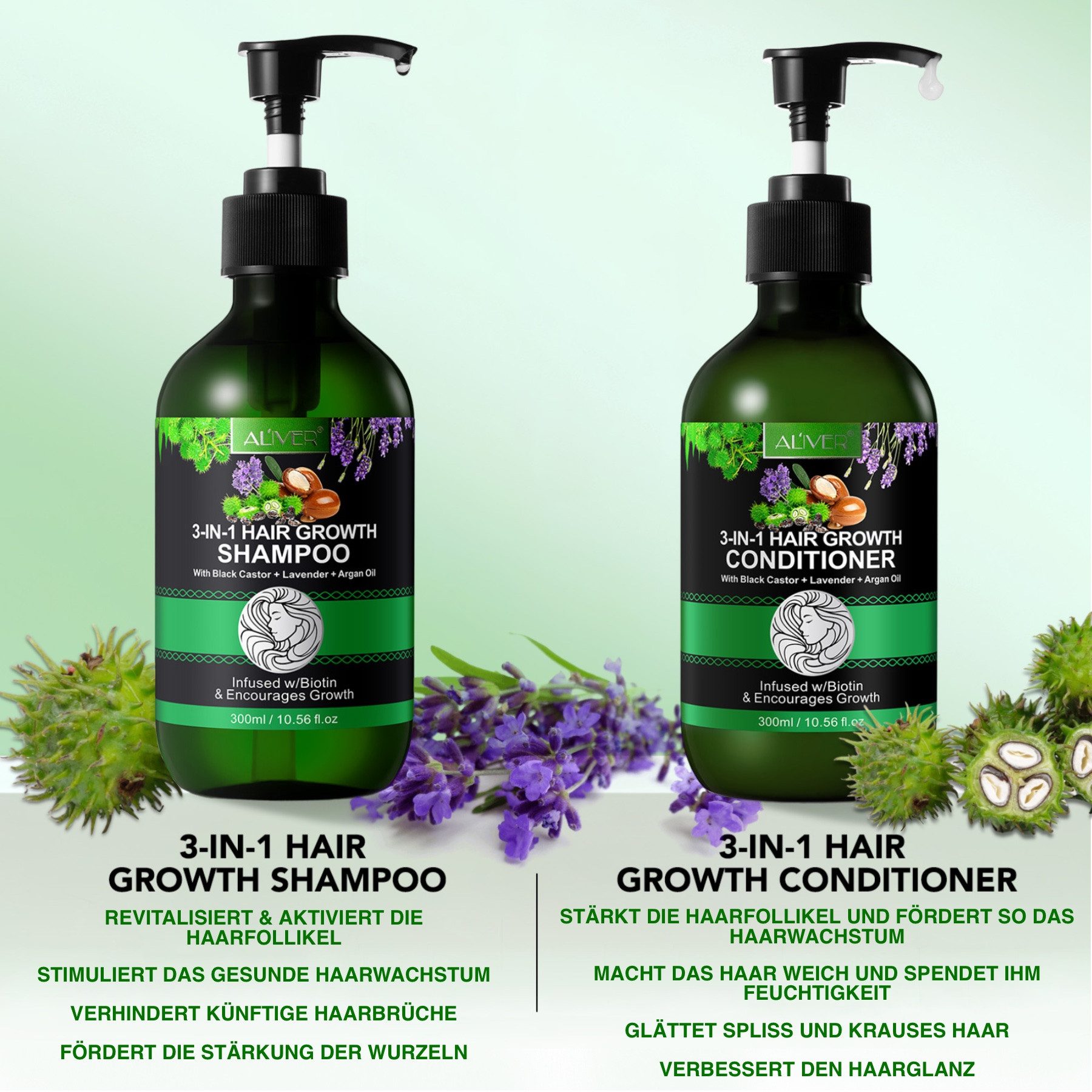 ALIVER Haarpflege-Set Shampoo Conditioner Haaröl mit Biotin Rizinus Lavendel Argan Öl