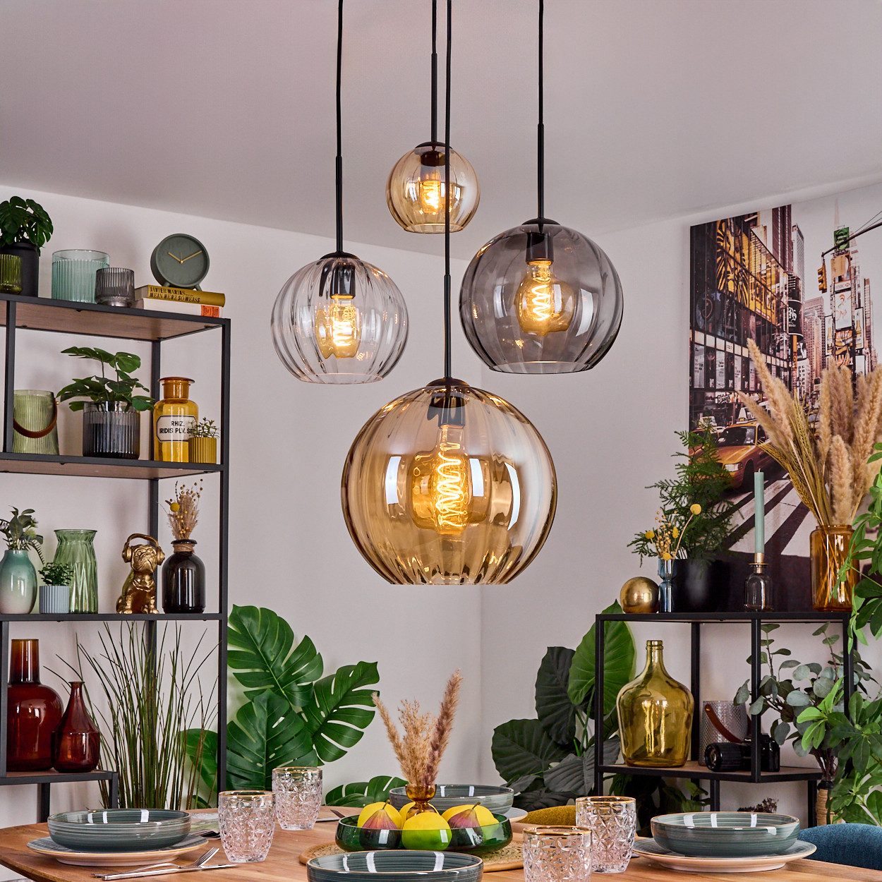 hofstein Hängeleuchte Hängelampe aus Metall/Riffelglas in Schwarz/Bernstein/Rauch/Klar, ohne Leuchtmittel, Pendelleuchte im Vintage-Design (Schirme Ø 15; 20; 25; 30 cm), 4 x E27