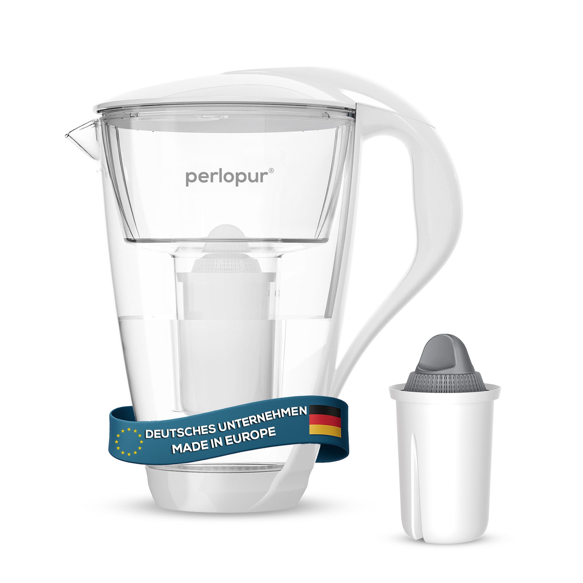 PerloPur Wasserfilter Glas Wasserfilter Weiß Inkl. 1 Protect Plus Filterkartusche