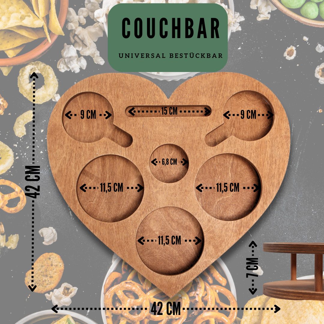PEGSEN Servierplatte Couchbar Snackbox Herz mit 4 Snackschalen Sofa Tablett, Birkenholz, (lebensmittelechte Glasschalen), passend für Kaffeetassen, Weingläser & 0,5l Flaschen