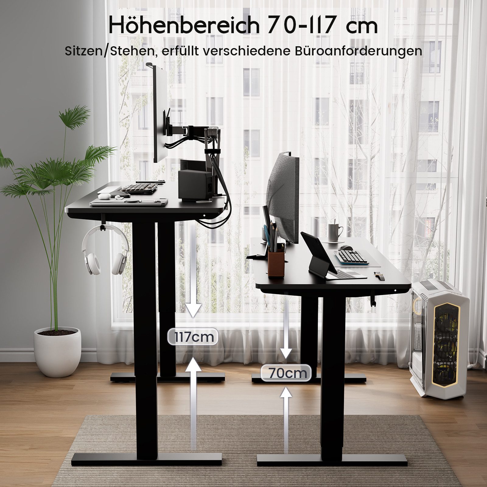 HOMAVO Schreibtisch Elektrisch höhenverstellbar mit Memory- und Sitz-/Steh-Erinnerung (2-stufiges Hubsystem, Einfache & Schnelle Montage, Intelligenter Kollisionsschutz, Großzügige Arbeitsfläche: 110/140 x 60 cm oder 160 x 80 cm)