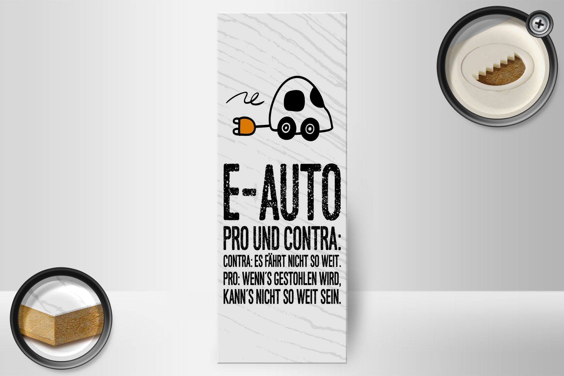 Femer GmbH Holzbild Spruch 27x10 cm E-Auto Pro und Contra, (1 St), Glatte Holzfaserplatte (MDF), vorn beschichtet
