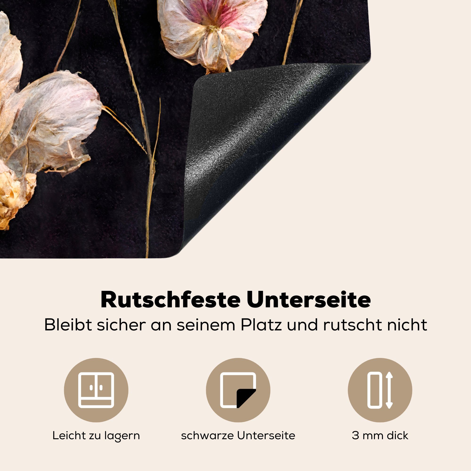 Mobile MuchoWow Arbeitsfläche nutzbar, Rosa Herdblende-/Abdeckplatte Pflanzen tlg), - Blumen - Schwarz, 60x52 Vinyl, (1 Ceranfeldabdeckung - cm,
