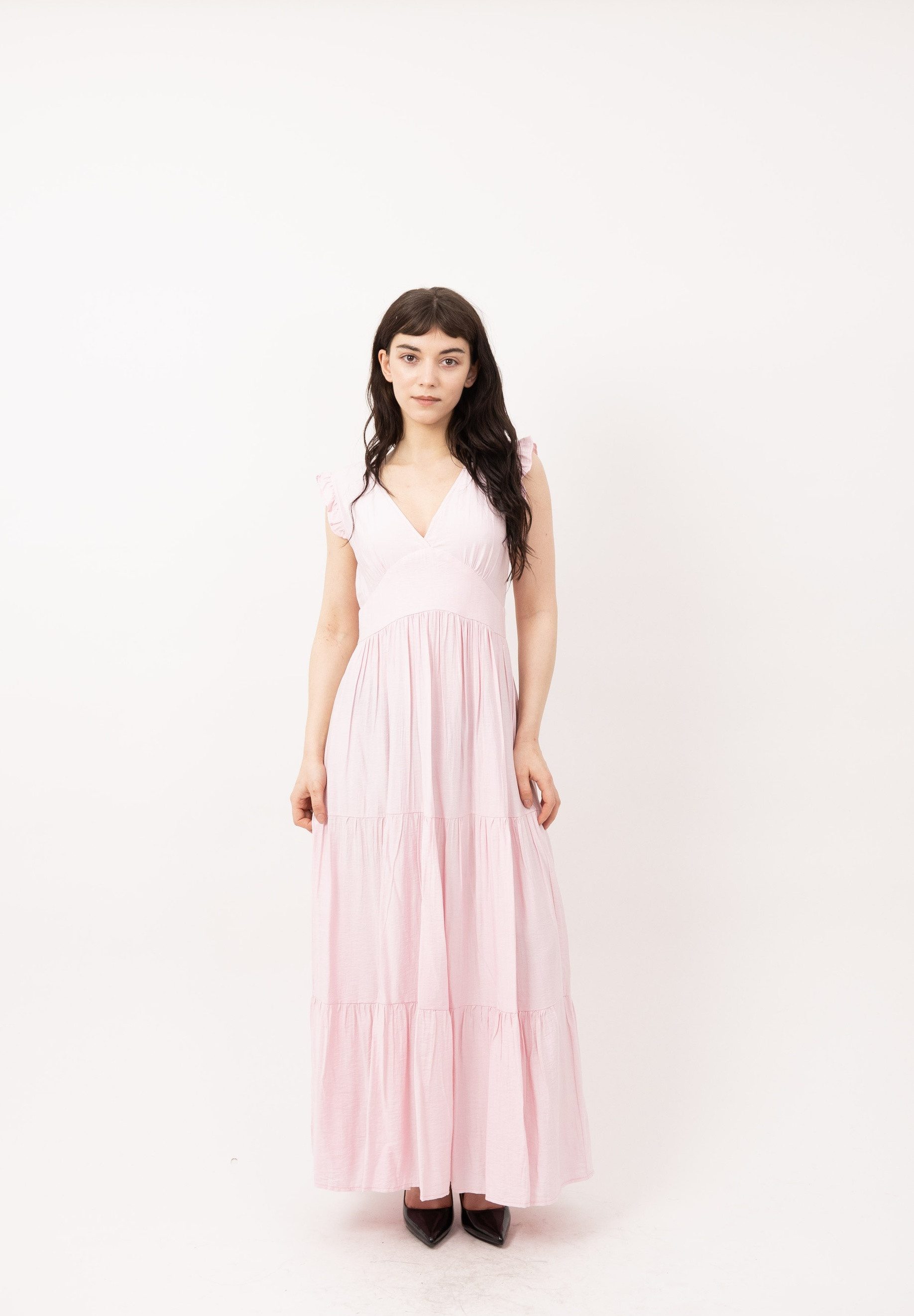 Elara Maxikleid Damen Sommerkleid mit V-Ausschnitt, Volants und gesmokter Taille (1-tlg)