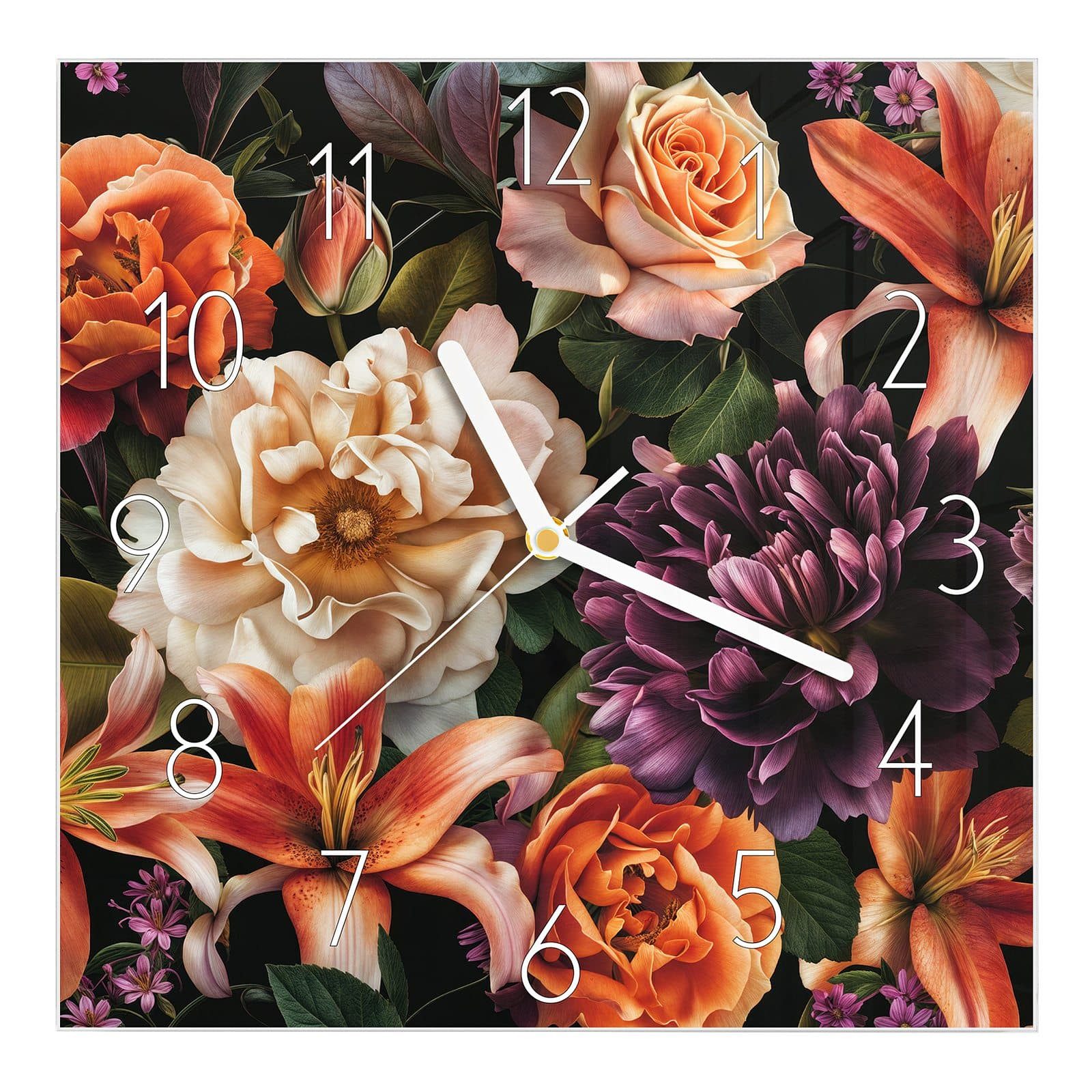 Wanduhr Glasuhr Wanduhr Wandkunst Größe 30 x 30 cm mit Motiv Blumenpracht