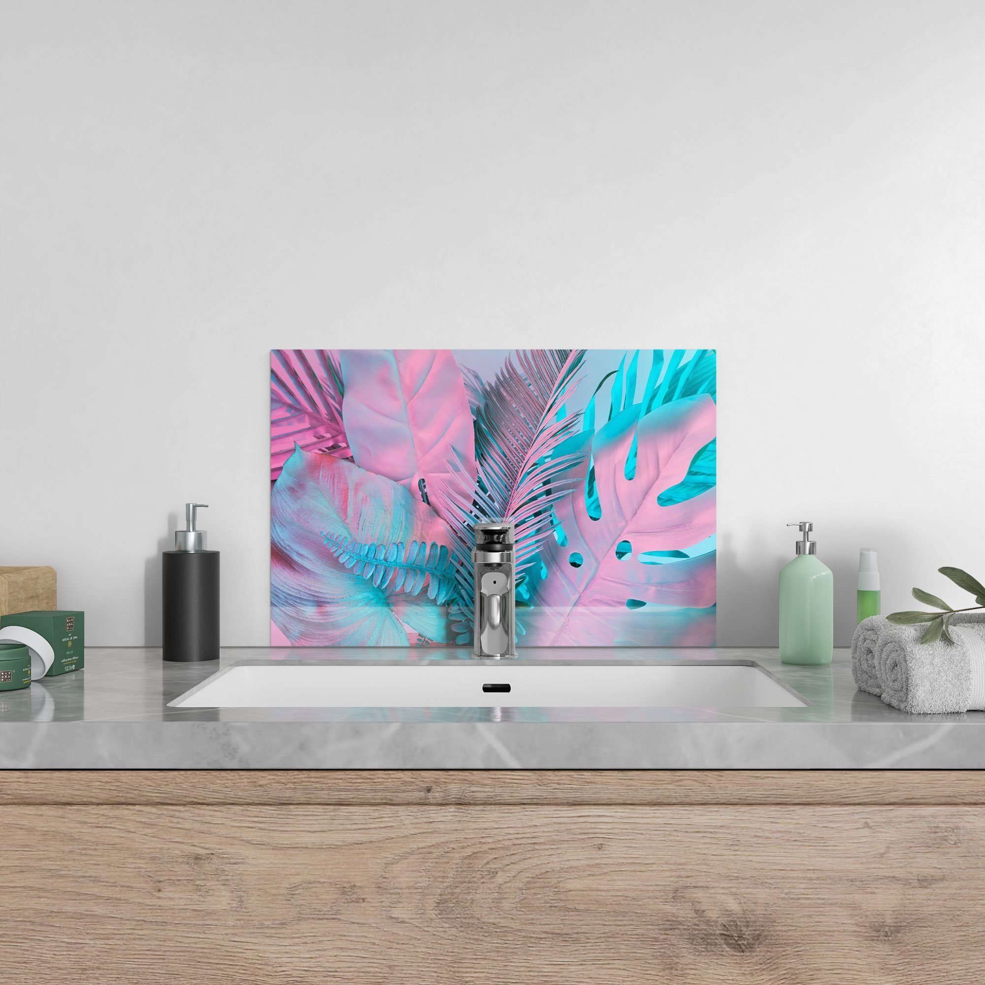 Glas Herdblende DEQORI Farbeffekt', 'Tropenblätter: Spritzschutz Küchenrückwand Badrückwand