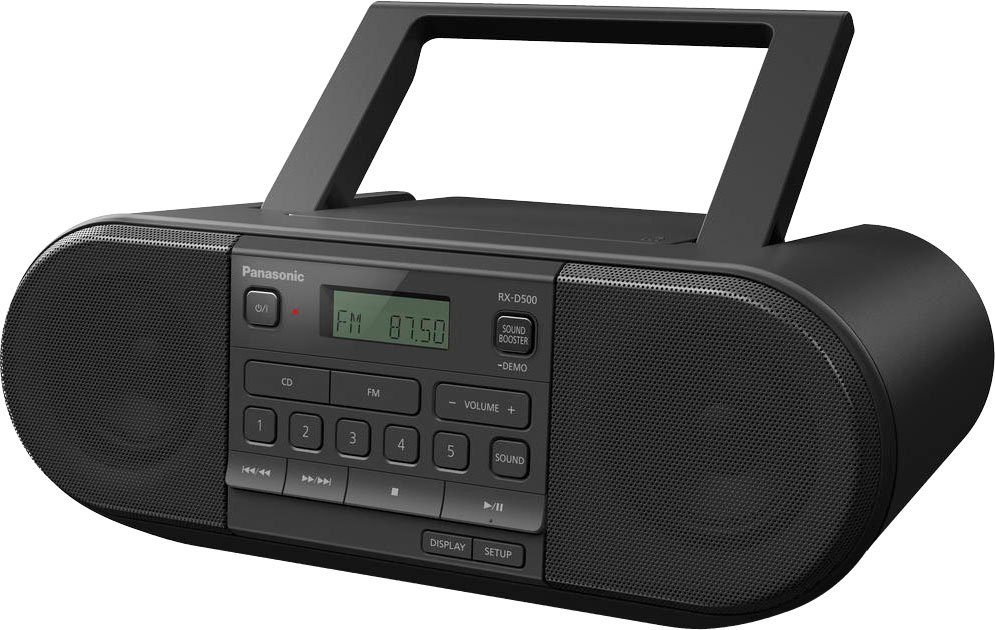 (FM-Tuner, und RDS, CD- Flexibel RX-D500EG-K dank Netz- 20 einsetzbar UKW mit Boombox /Batteriebetrieb Tragegriff W), Panasonic