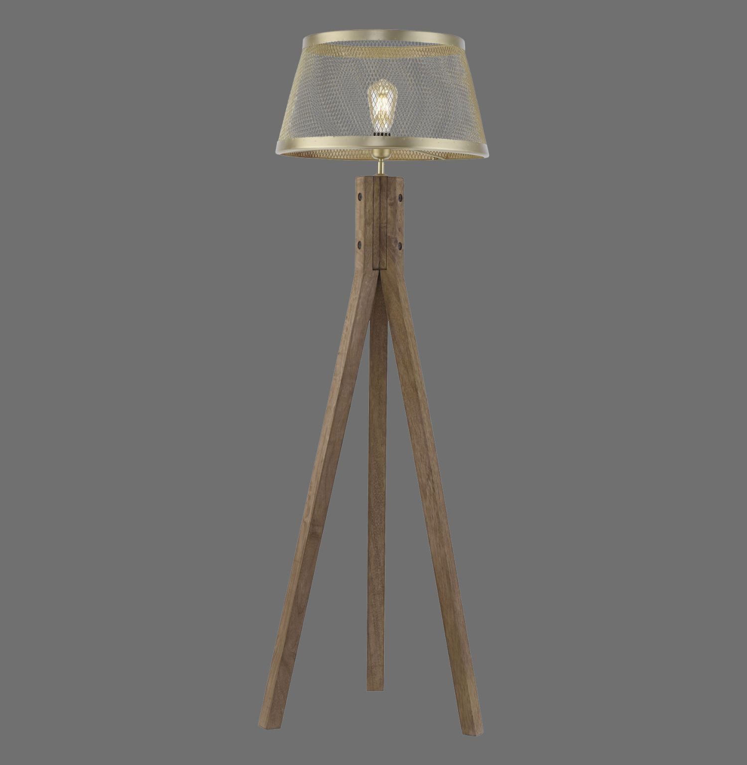 Licht-Erlebnisse Stehlampe TAVLIS, ohne Leuchtmittel, Metall Holz 145 cm Dreibein in Messing Matt E27 rund Vintage Design