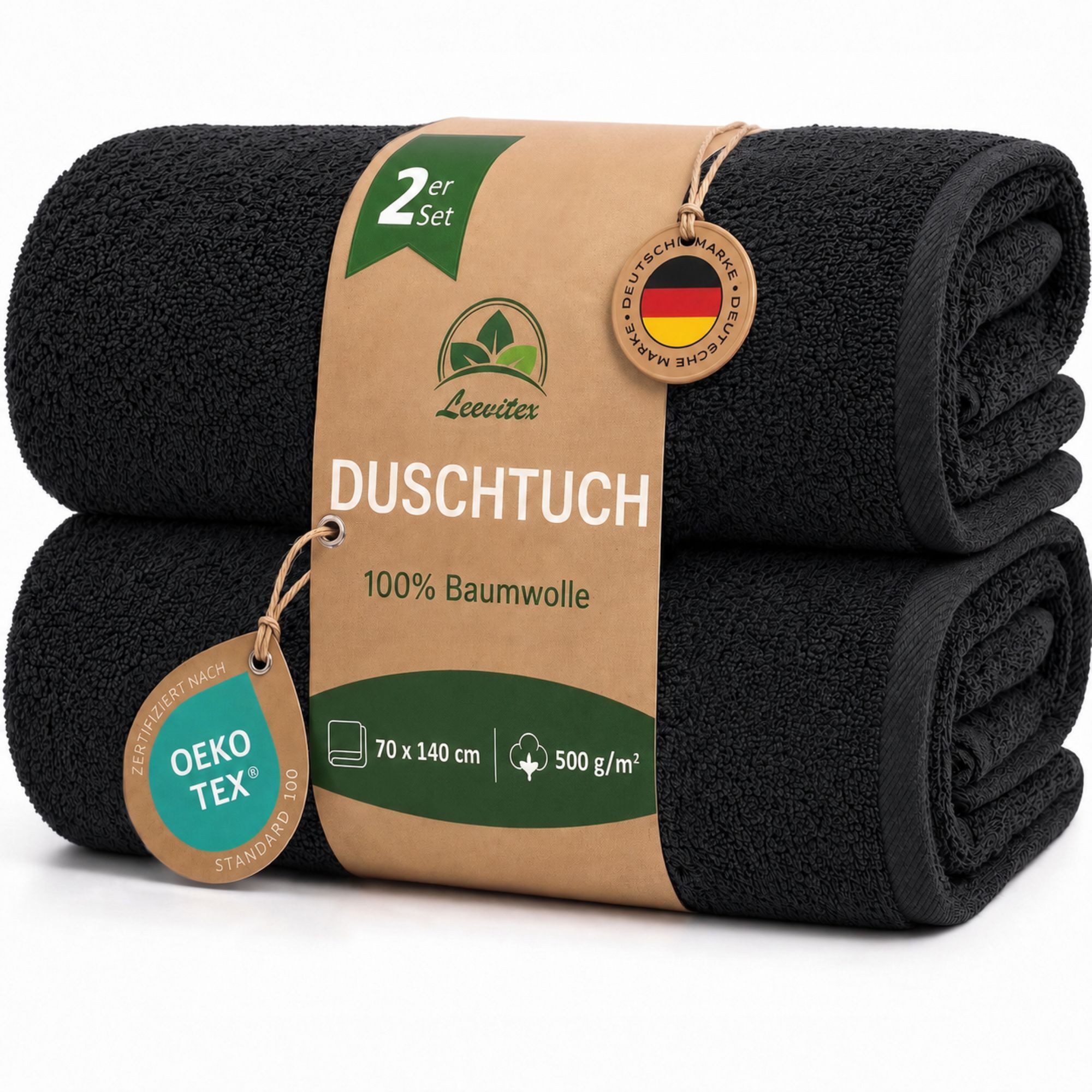 leevitex® Duschtücher 2er-Set, 70x140 cm, 100% Baumwolle, saugstark und fusselfrei, Frottee (Set, 2-St), OEKO-TEX® STANDARD 100 zertifiziert, gestreifte Bordüre