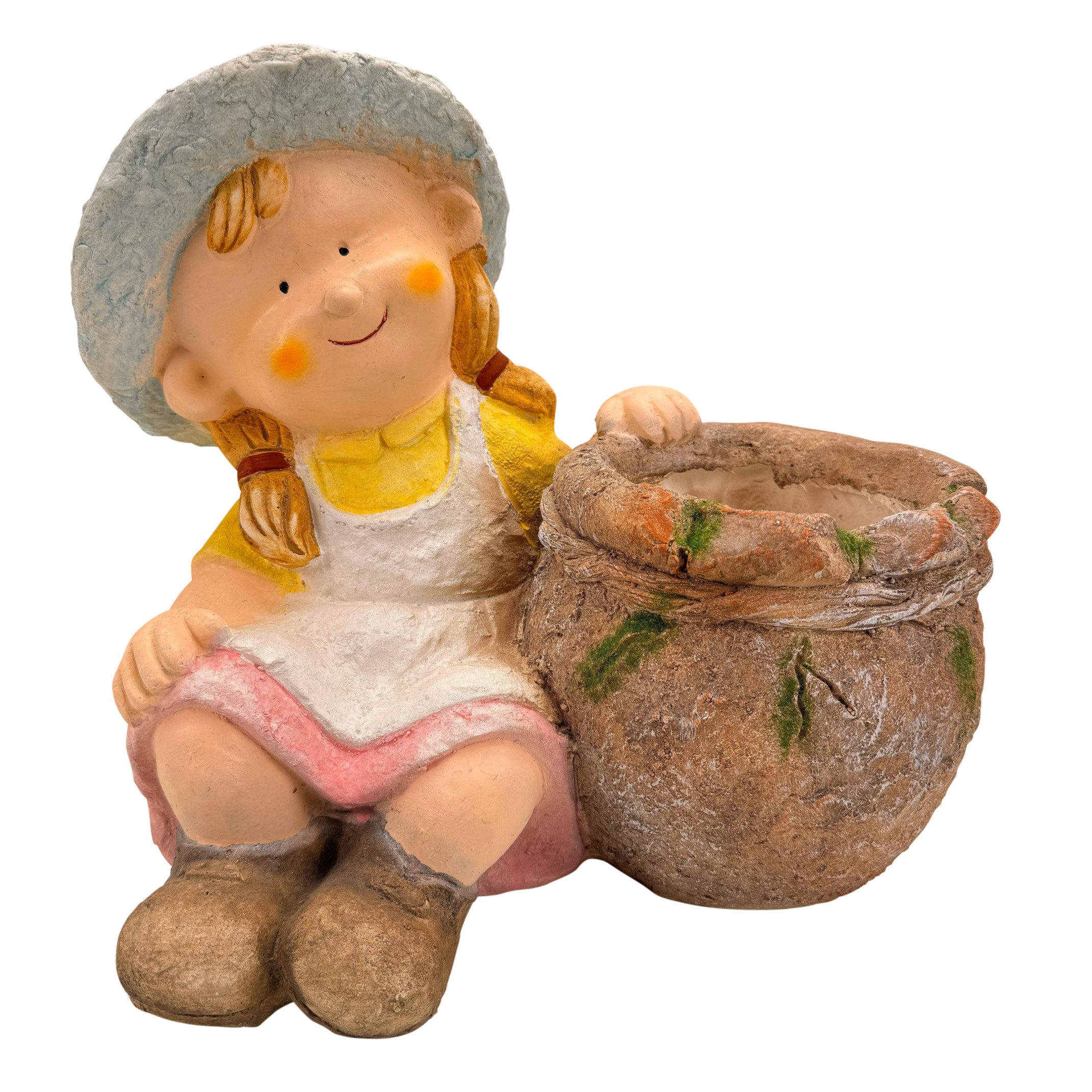 Gartenfigur süßes Mädchen mit Blumentopf für draußen geeignet - Deko
