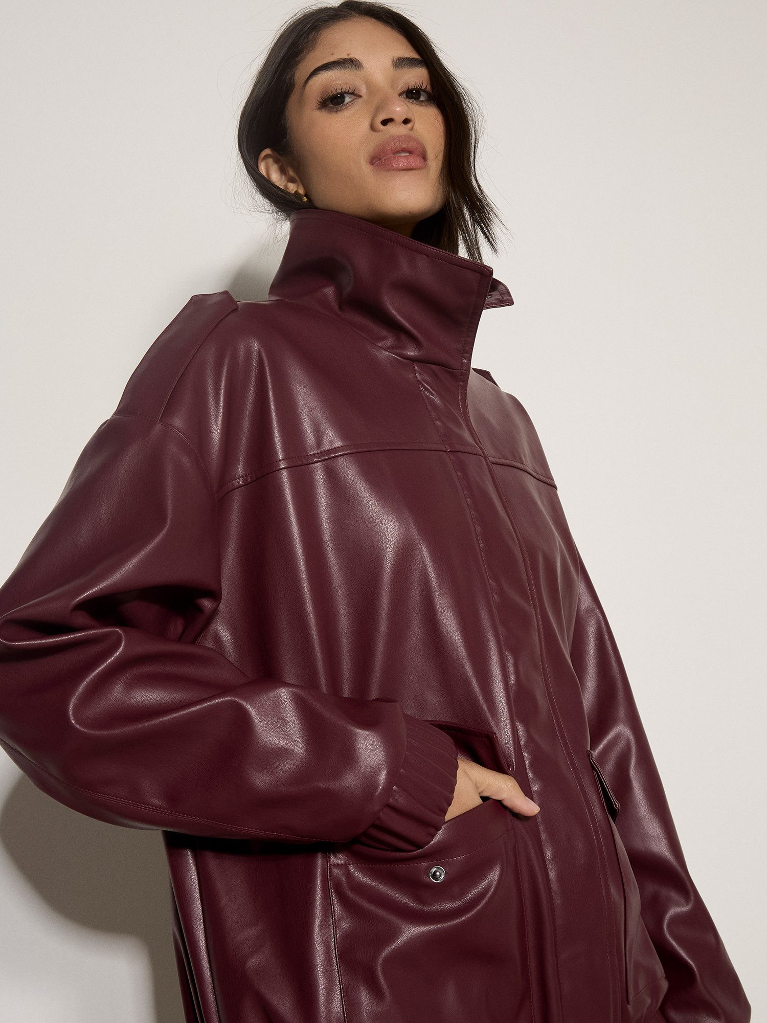 Apricot Kurzjacke Oversized-Lederimitatjacke Verdeckter Verschluss