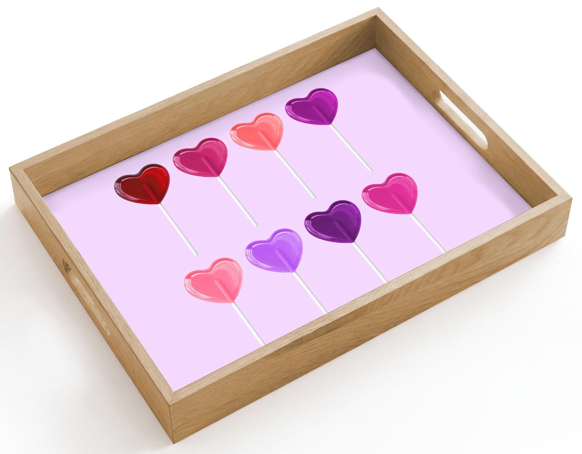 OnlyWow Tablett Rechteckig mit Henkel Lutscher - Herz - Rosa - Bonbon, Eichenholz, (1-tlg), Siervierplatte, Tray, Frühstücksbrett