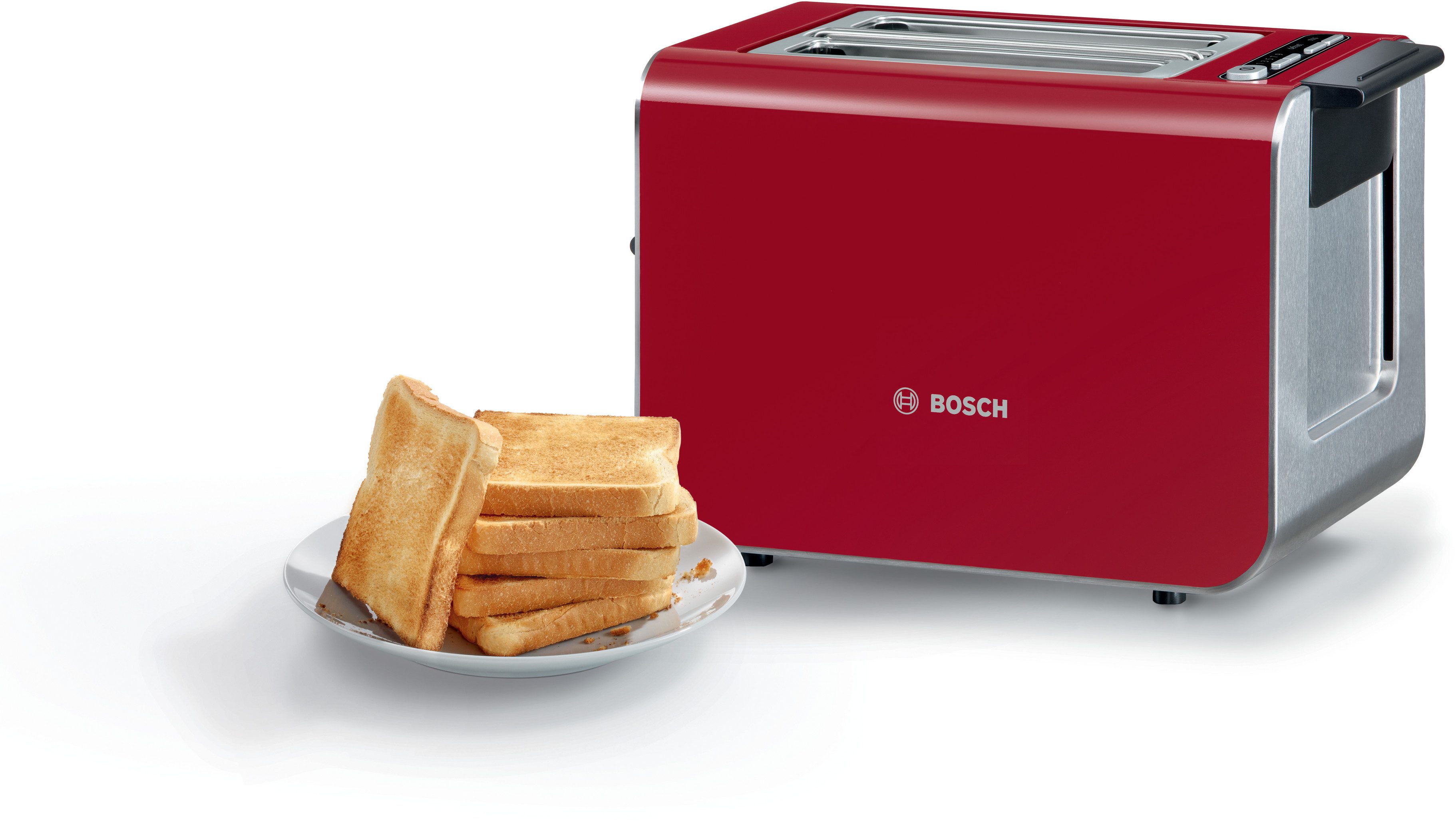 BOSCH Toaster Styline TAT8614N, integrierter Brötchenaufsatz, Liftfunktion, 860 W, Auftaufunktion, Abschaltautomatik, Brotzentrierung, Edelstahl/rot