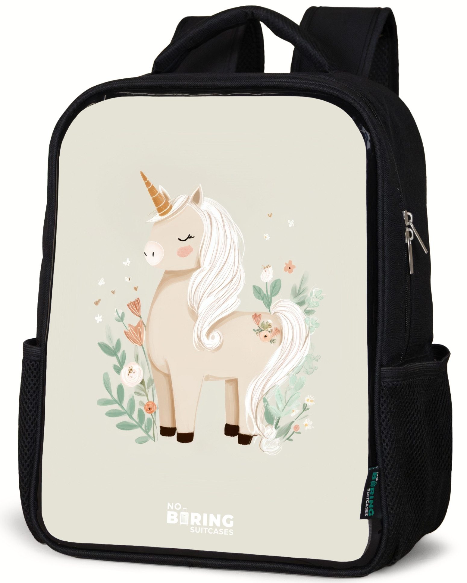 Rucksack Einhorn zwischen Blumen in Beigetönen