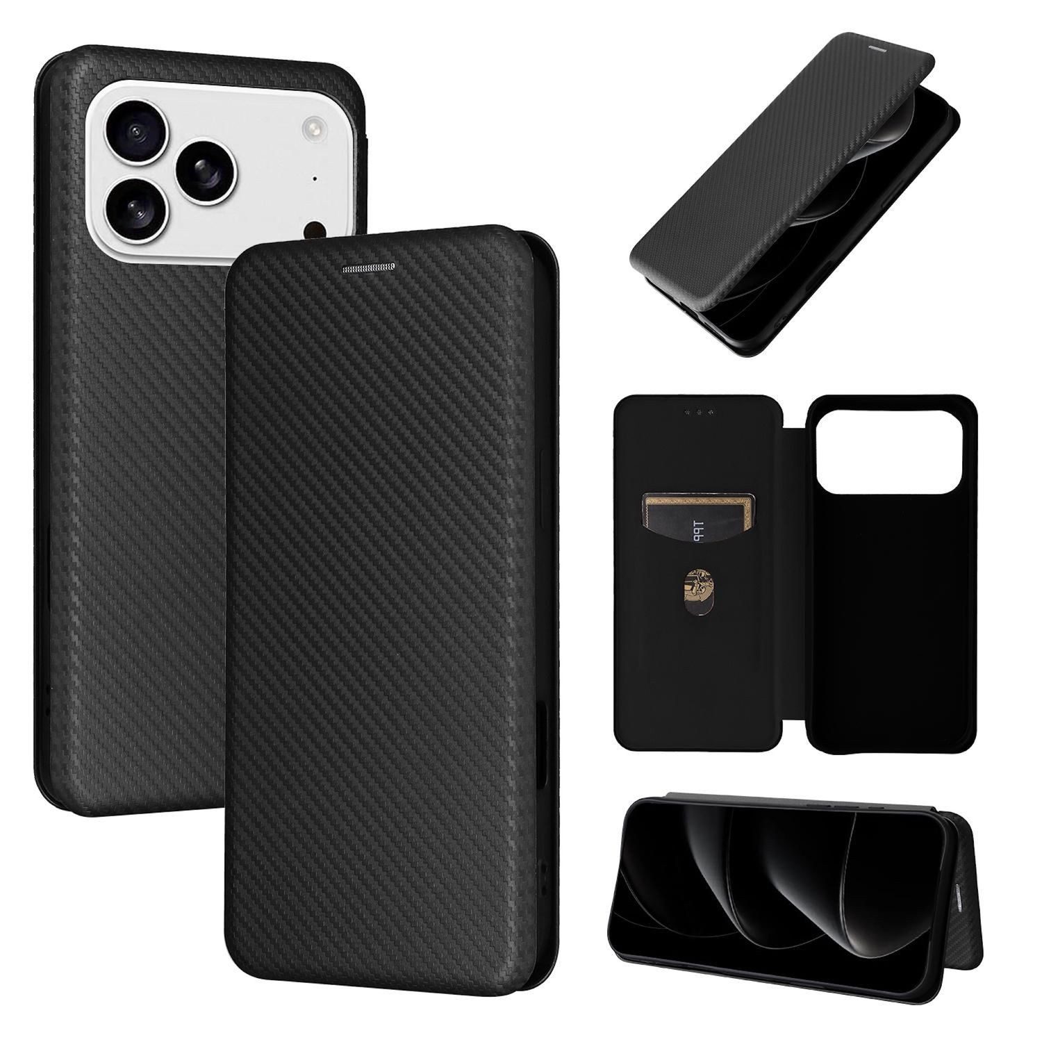 Wigento Smartphone-Hülle Für Apple iPhone 17 Pro Carbon Faser Textur Flip Schutz Hülle Schwarz, Carbon Faser Flip Schutzhülle mit Kartenfach und Ständer