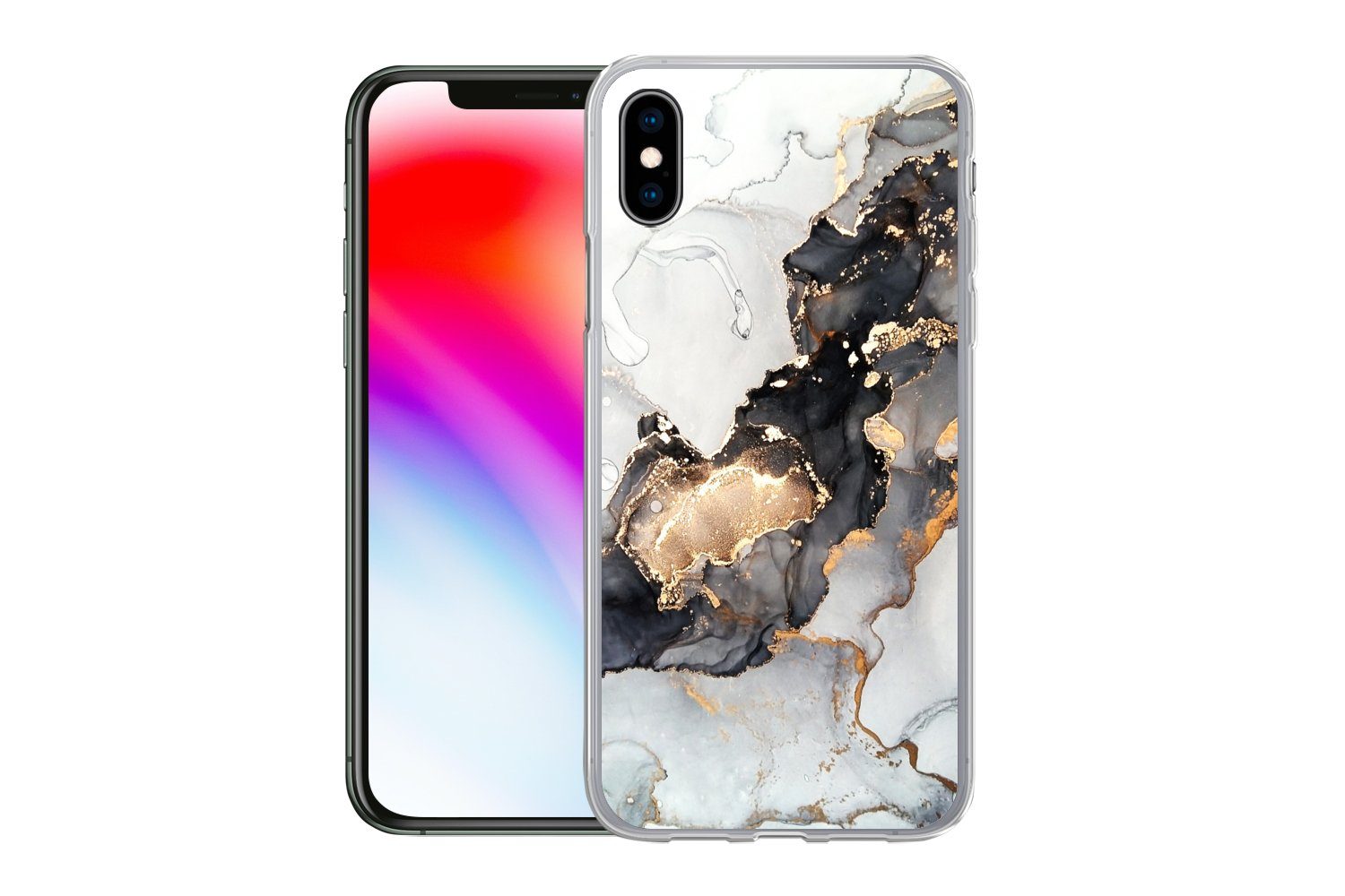 MuchoWow Handyhülle für Apple iPhone XS Marmor - Schwarz - Weiß - Gold - Luxus - Abstrakt, Smartphone-Bumper, Print, Handy Schutzhülle Dünn