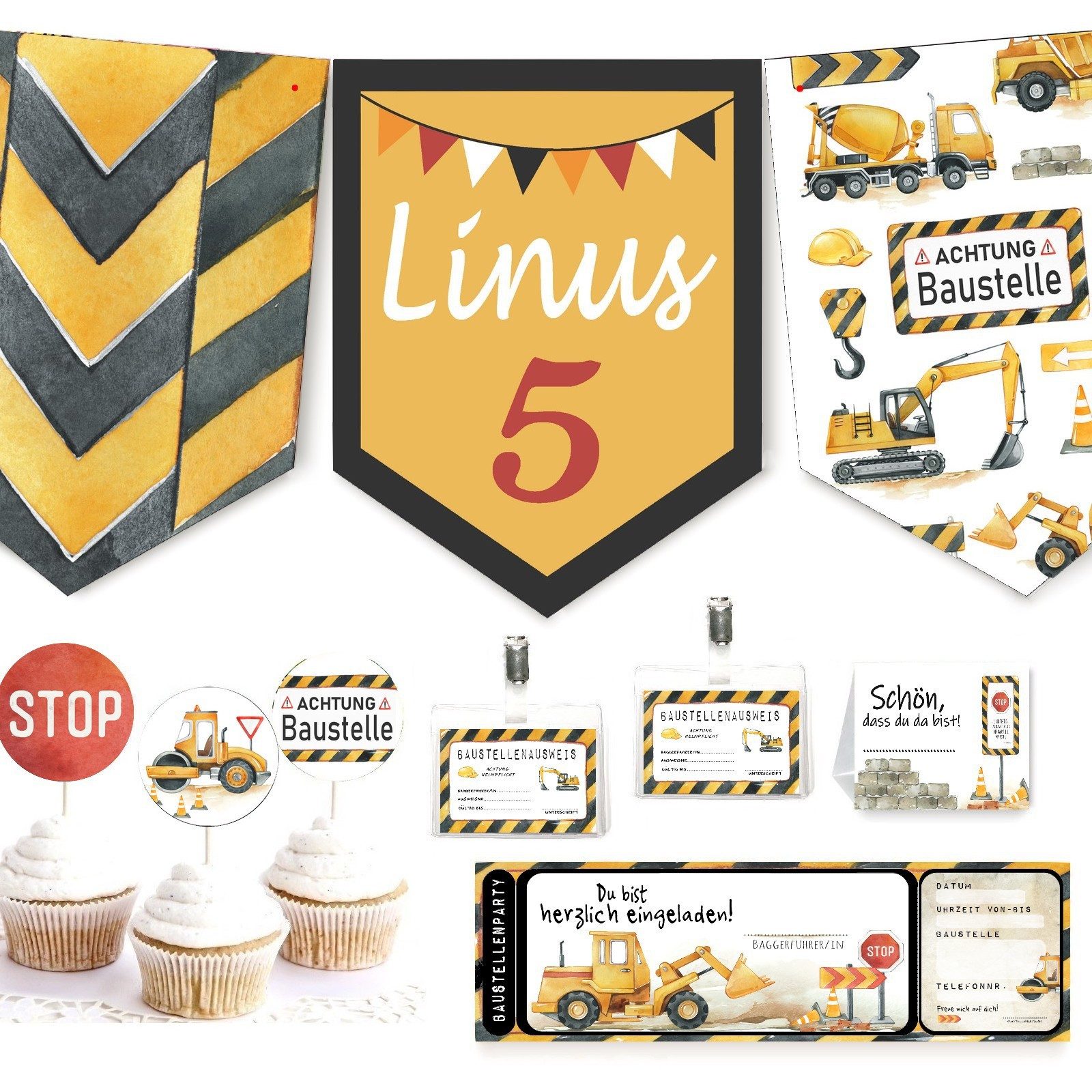 homestyle-accessoires Papierdekoration Kindergeburtstag Party 10erSet BAUSTELLE Einladungen Wimpelkette, Ausweiskarten Tischkarten Cupcaketoppern MIT LIEBE GEFERTIGT