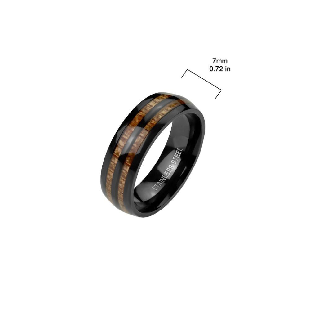 Taffstyle Fingerring Schwarzer Edelstahl Ring Holz Inlay Holzmaserung Größe 59 (18.8) (Moderner Holz Inlay Ring aus hochwertigem Chirurgenstahl), Doppel Holz Ma – Bild 3 von 3