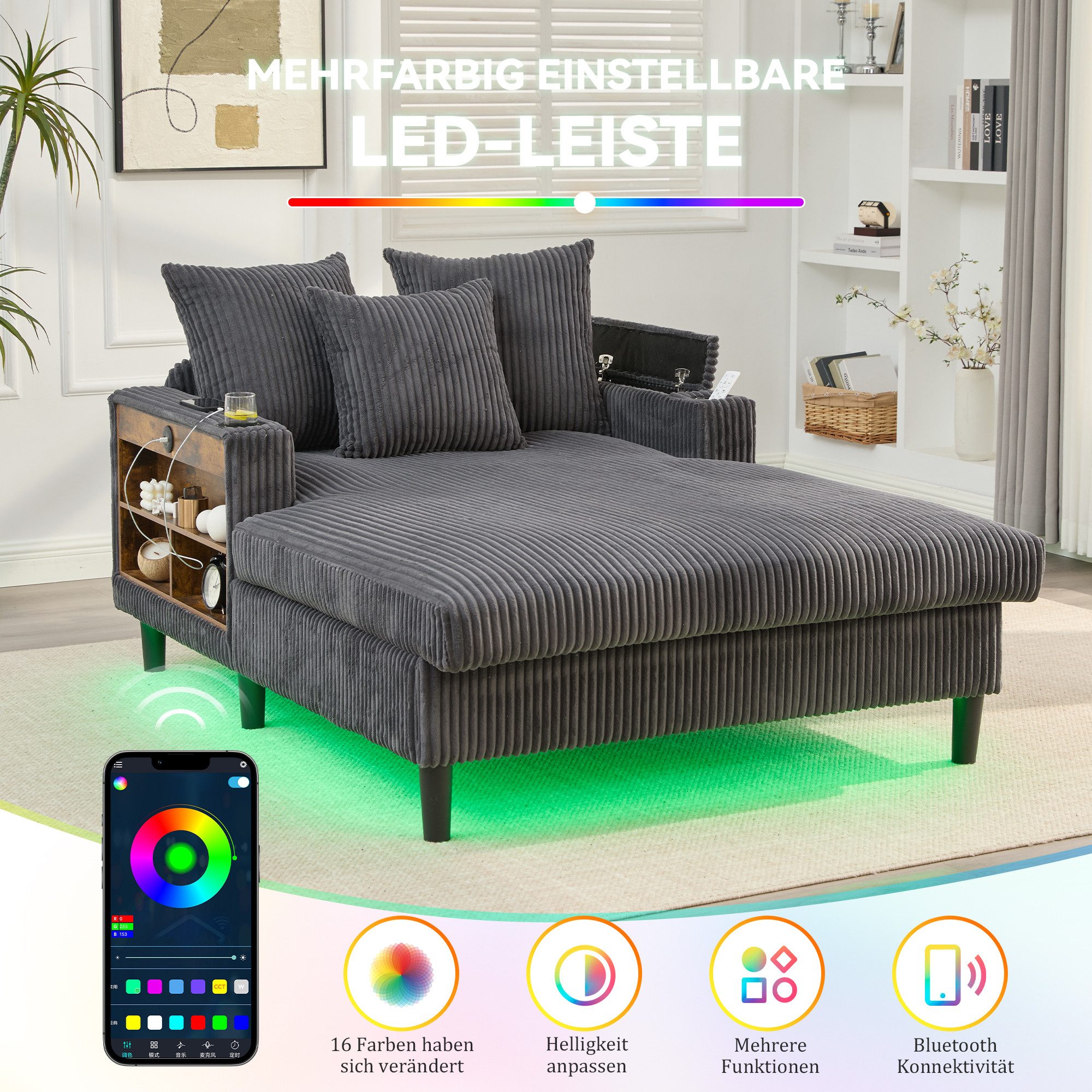MODFU Sofa mit Chaiselongue aus Cord, Loungesofa mit große Liegefläche, mit LED-Beleuchtung, USB-Port, Stauraum, Seitentasche und doppelten Becherhaltern, Funktionssofa mit stabilen Kunststofffüßen