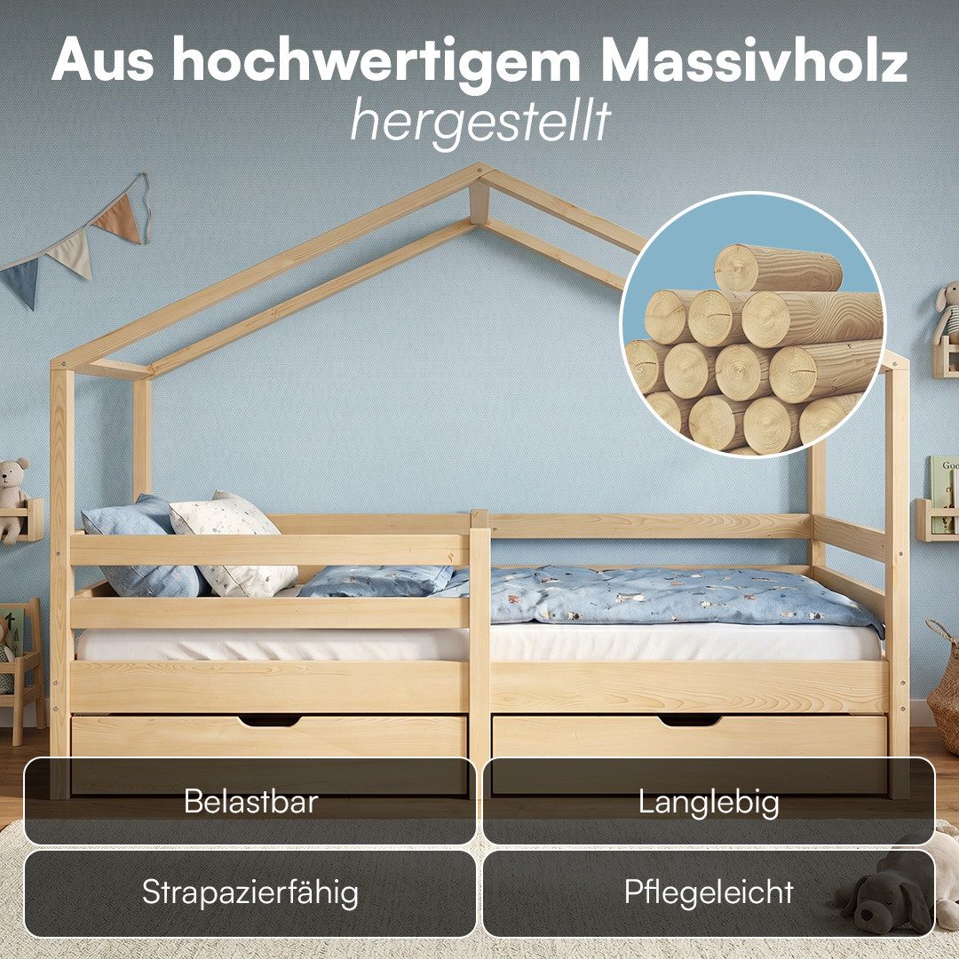 Bellabino Hausbett Abia Kinderbett mit Lattenrost und Rausfallschutz (natur, mit zwei Schubladen), Kinderbett 90x200 cm, verfügbar in verschiedenen Ausführungen – Bild 4 von 5