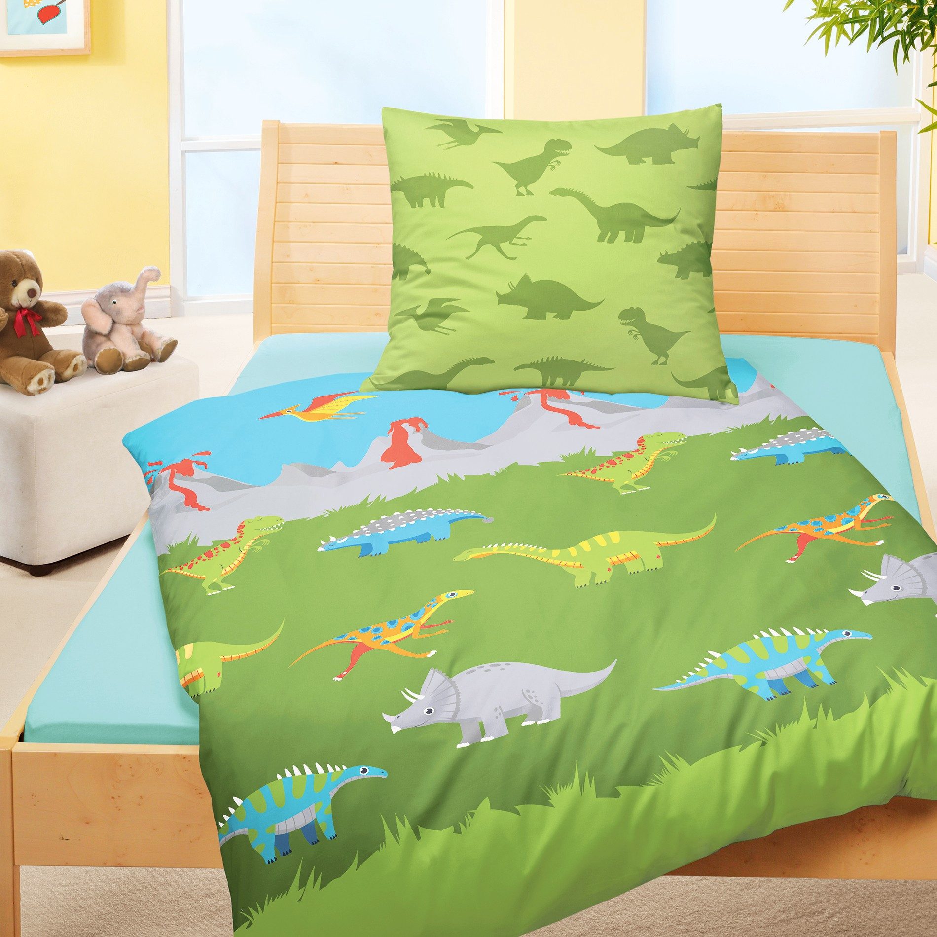 JACK Kinderbettwäsche JACK by Bierbaum Kinder Biber Bettwäsche 2 tlg. 135x200cm Dinosaurier, Biber, 2 teilig, farbenfrohe Dinos, Vulkane, warme Kinderbettwäsche – Bild 4 von 5