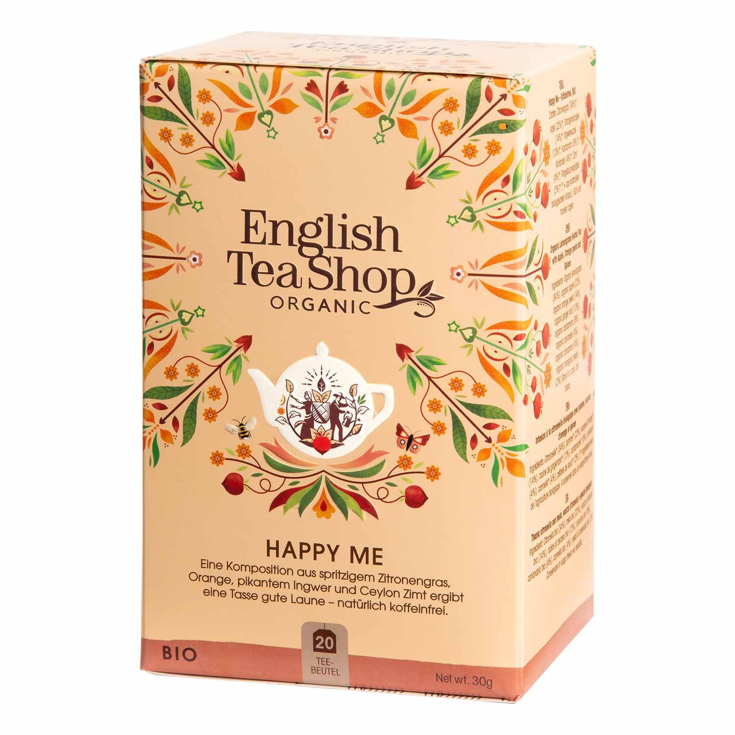 English Tea Shop Tee Happy Me, BIO Wellness-Tee, 20 Teebeutel, Feine Kräuter- und Früchtemischung mit leichter Schärfe.