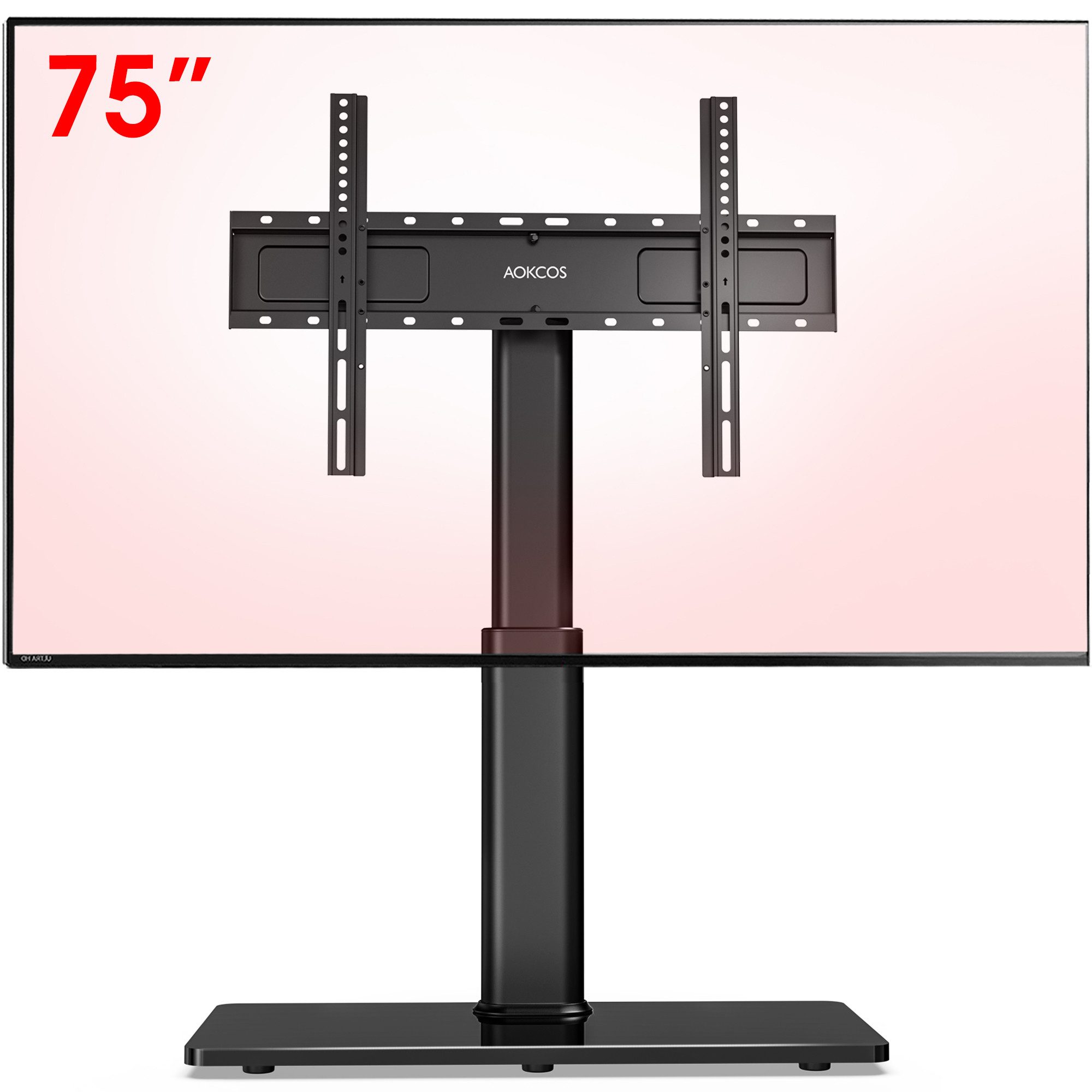AOKCOS TV-Ständer höhenverstellbar, ± 25° schwenkbar, 43-75 Zoll, (bis 75 Zoll, -2° - 10° neigbar, rutschfeste Gummifüße, Tisch-TV-Ständer)