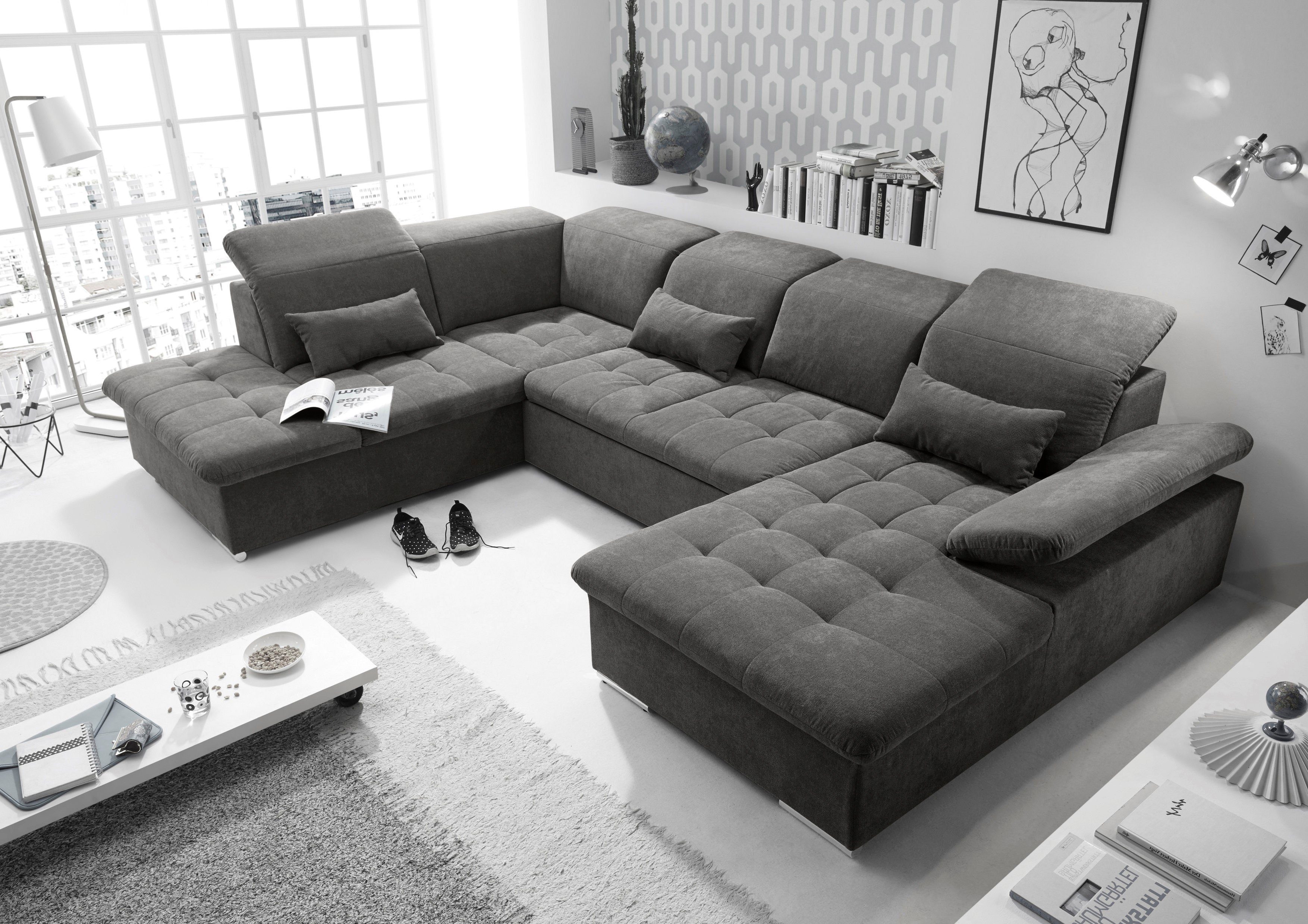 ED EXCITING DESIGN Wohnlandschaft Wayne U-Form mit Bettfunktion, Bettkasten, Arm- und Kopfteilverstellung & 3 Nierenkissen