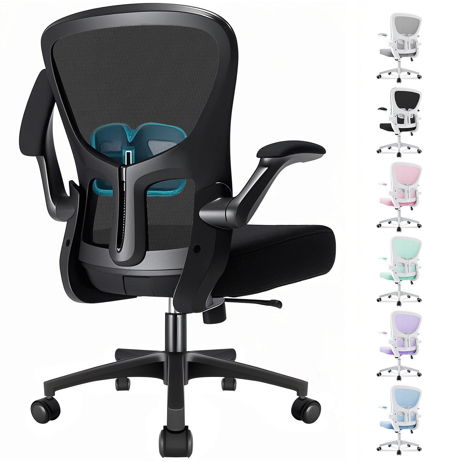 Durrafy Bürostuhl Ergonomischer Bürostuhl,Schreibtischstuhl mit klappbaren Armlehnen (Höhenverstellbarer Drehstuhl mit Wippfunktion bis 130°,Computerstuhl mit verstellbarer Lendenwirbelstütze und leisen Rollen), Chefsessel mit 150 kg Tragfähigkeit