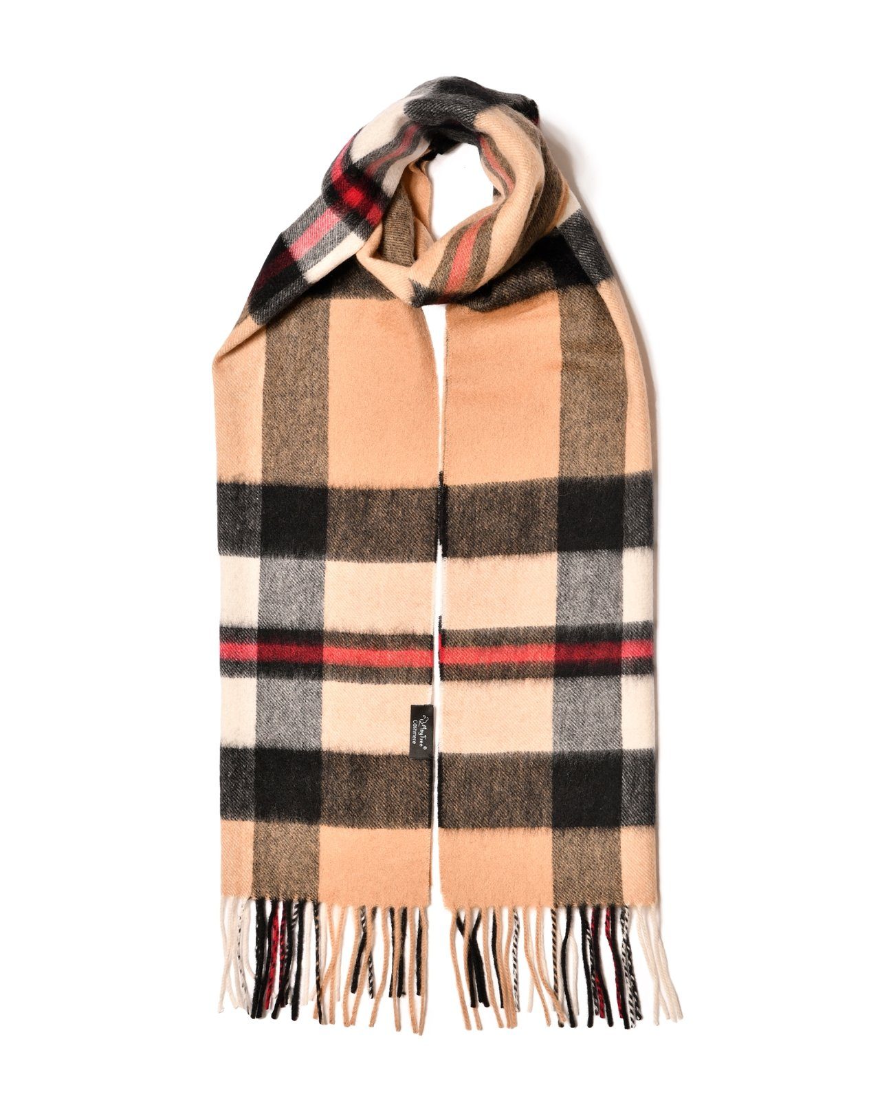 MayTree Kaschmirschal Unisex, 180 x 30cm, mit Fransen, kariert Tartan Camel rot, (Stück, 1-St), 100% Kaschmir