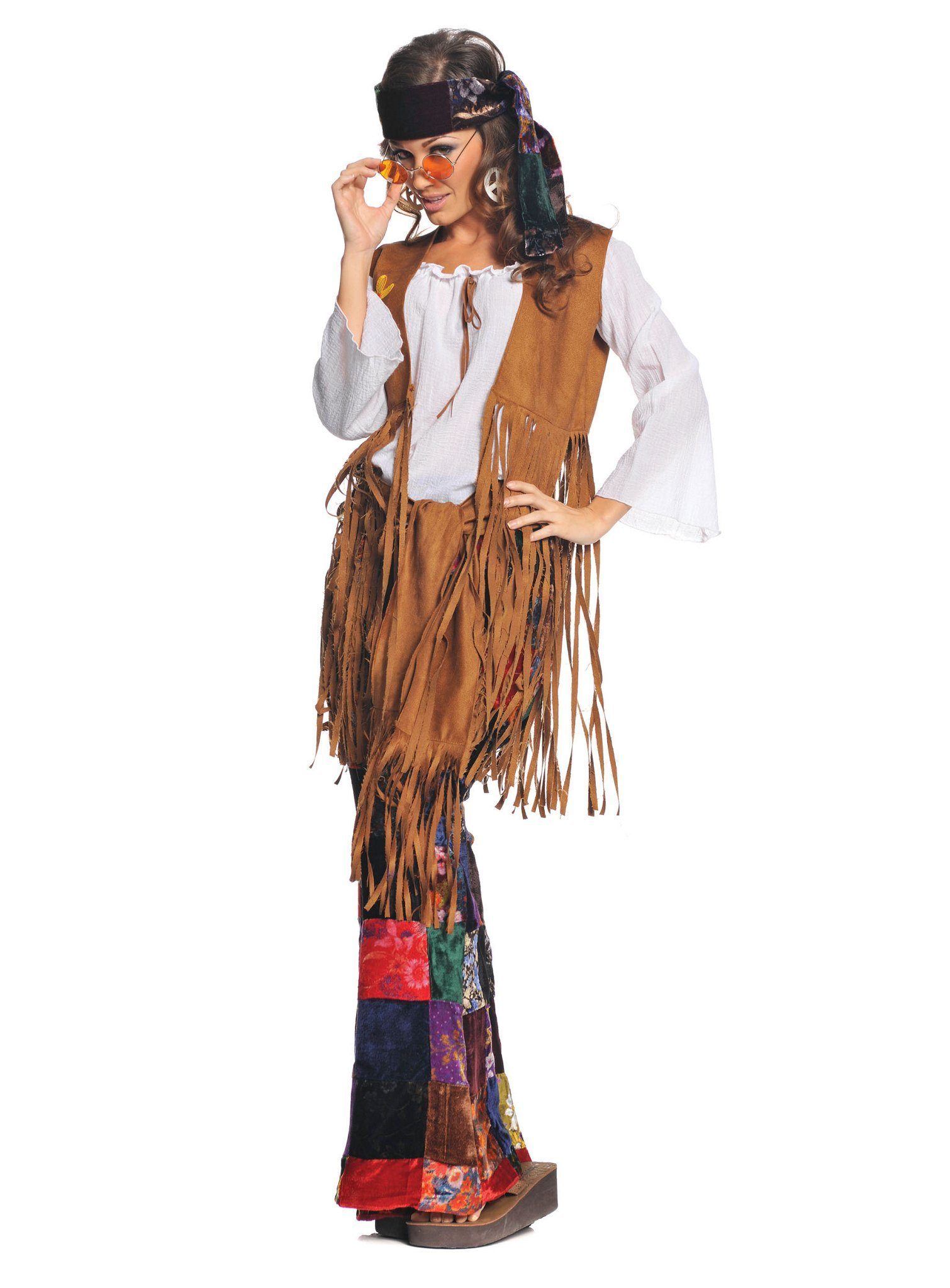 Underwraps Kostüm Patchwork Hippie, Ausgefallenes 70er Jahre Kostüm für Damen