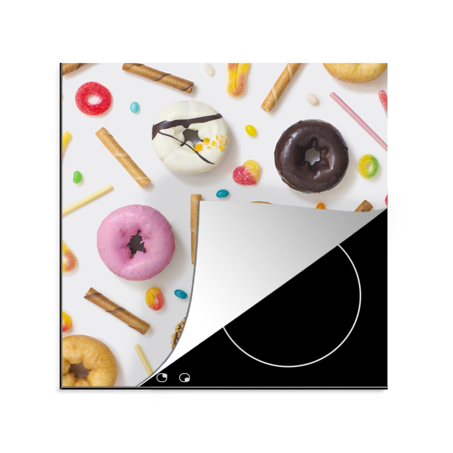 Vinyl, küche Herdblende-/Abdeckplatte (1 Kekse, 78x78 cm, und Arbeitsplatte MuchoWow tlg), Donuts, für Ceranfeldabdeckung, Süßigkeiten