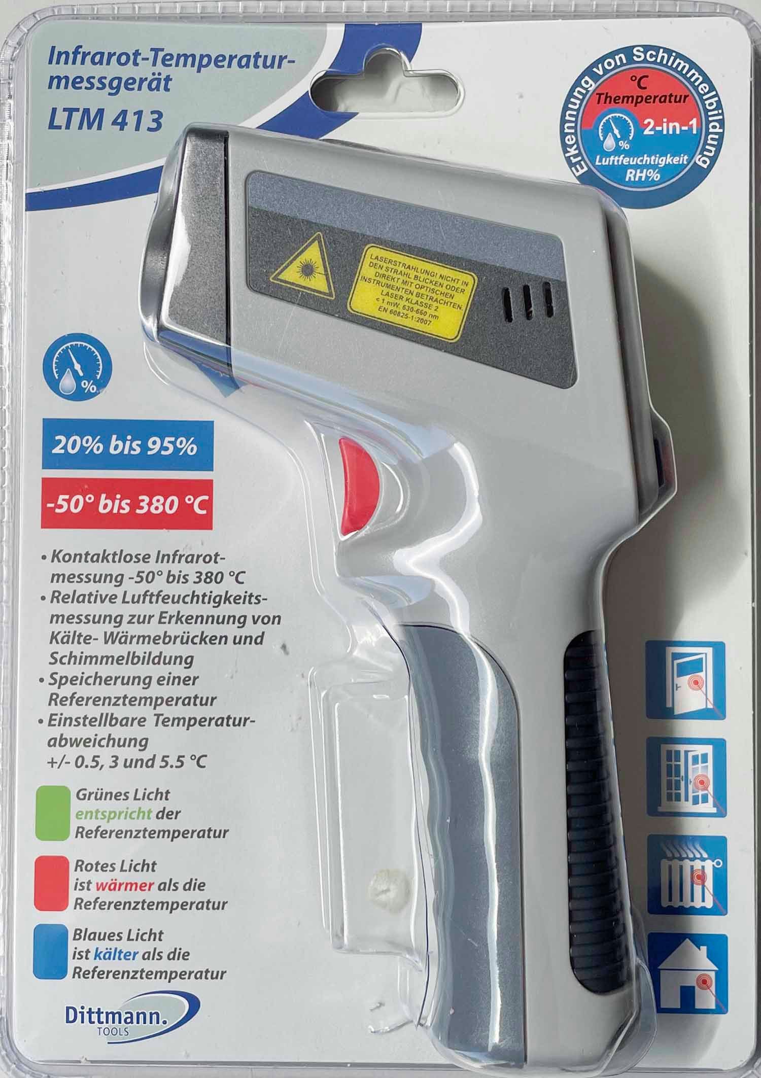 Dittmann Health Infrarot-Thermometer -50° bis 380°C Laser Temperaturmessgerät digitales Pyrometer, IR-Temperaturscanner, 2-in-1 Funktion: Temperaturmessung + Luftfeuchtigkeitskontrolle