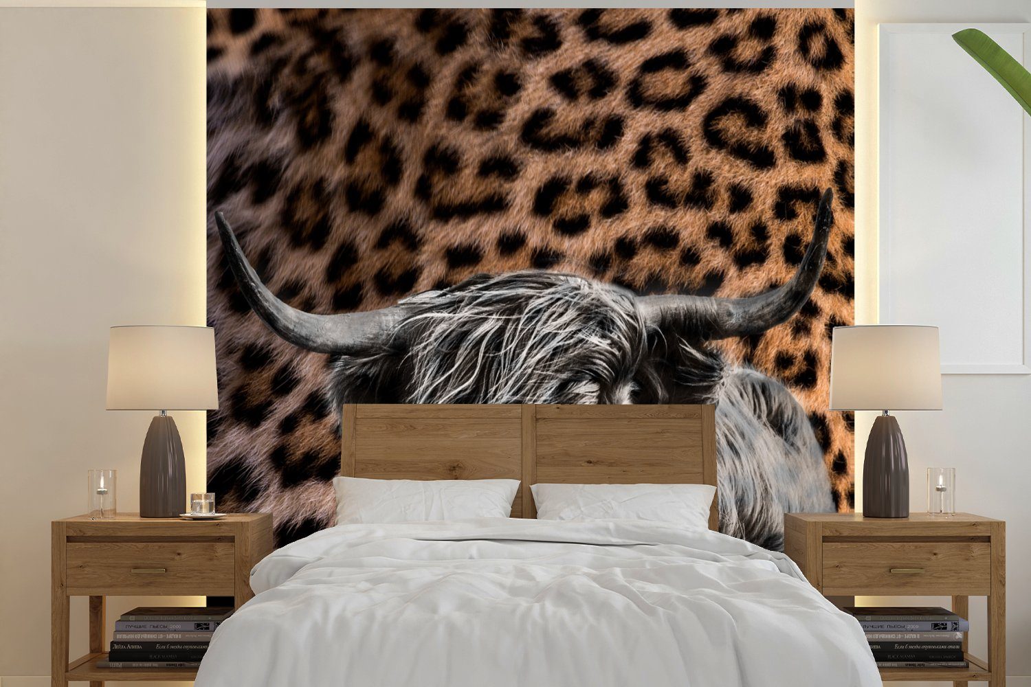 MuchoWow Fototapete Schottischer Highlander - Kuh - Pantherdruck, Matt, bedruckt, (4 St), Vliestapete für Wohnzimmer Schlafzimmer Küche, Fototapete
