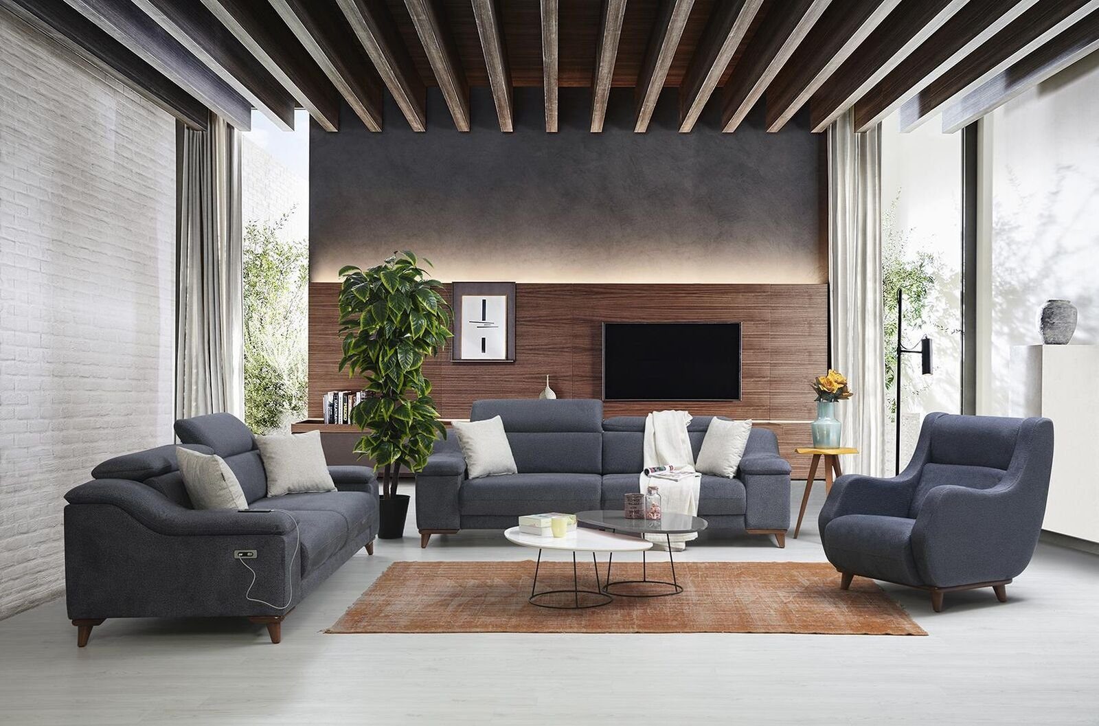 JVmoebel Wohnzimmer-Set Komplett Modern Wohnzimmer Textil Couch Luxus Polstermöbel, (3-St., Nur 2x Sofa 3 Sitzer/Sessel), Made in Europa