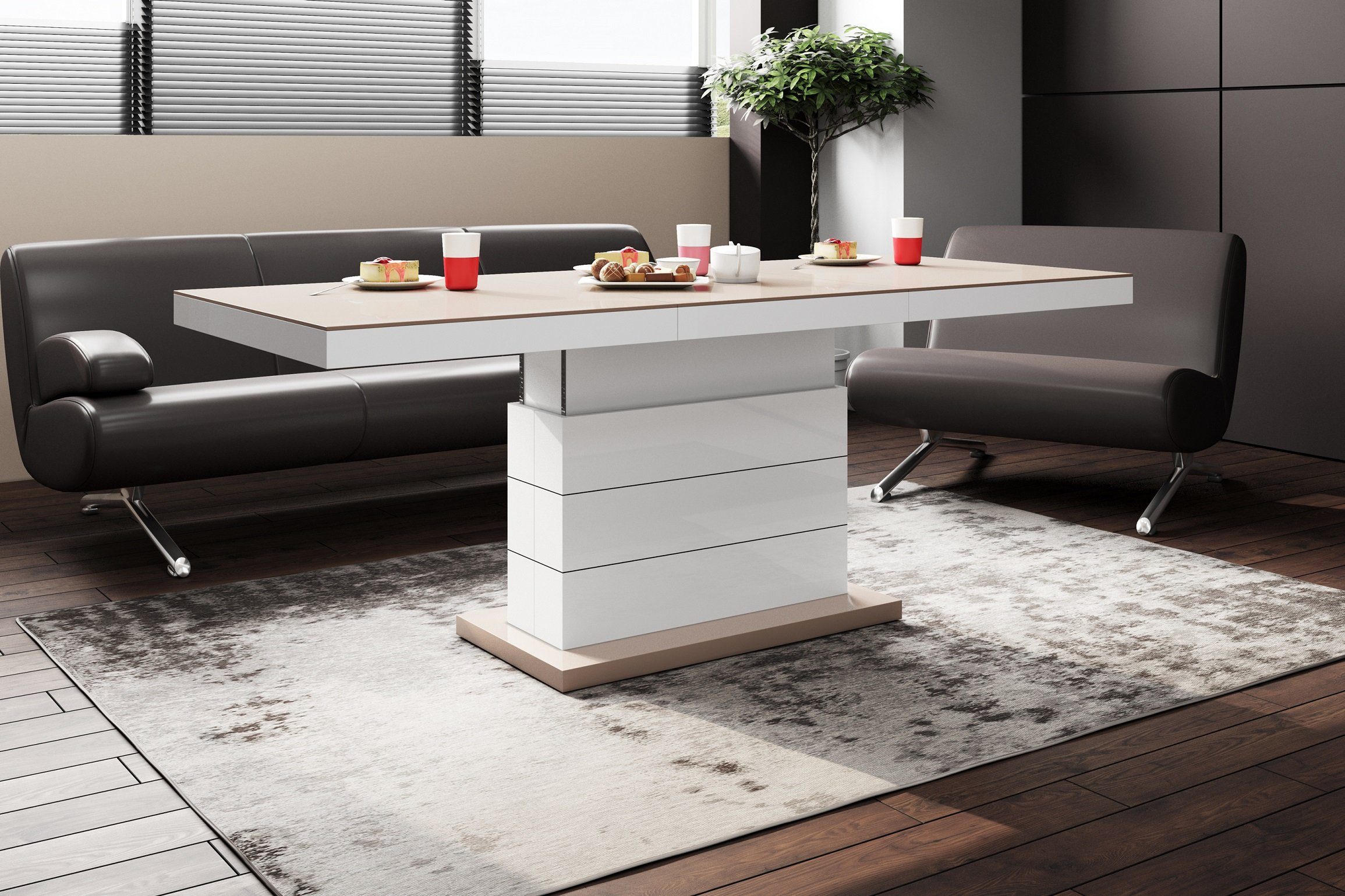 designimpex Couchtisch Matera Cappuccino Lux H-333 Cappuccino-Weiß höhenverstellbar ausziehbar Hochglanz Hochglanz