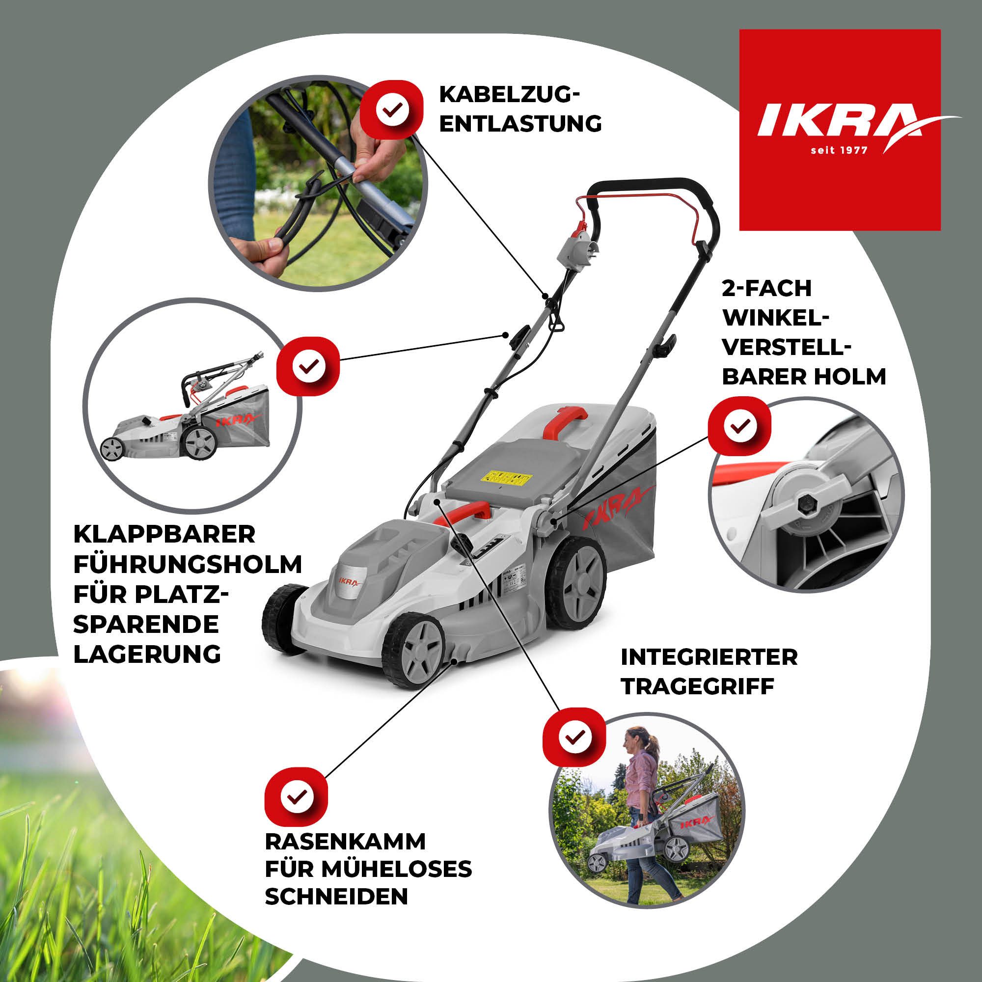 ikra GmbH Elektrorasenmäher IERM 1638-1, 38 cm Schnittbreite, (inkl. Ersatzmesser), 1600 Watt Motor