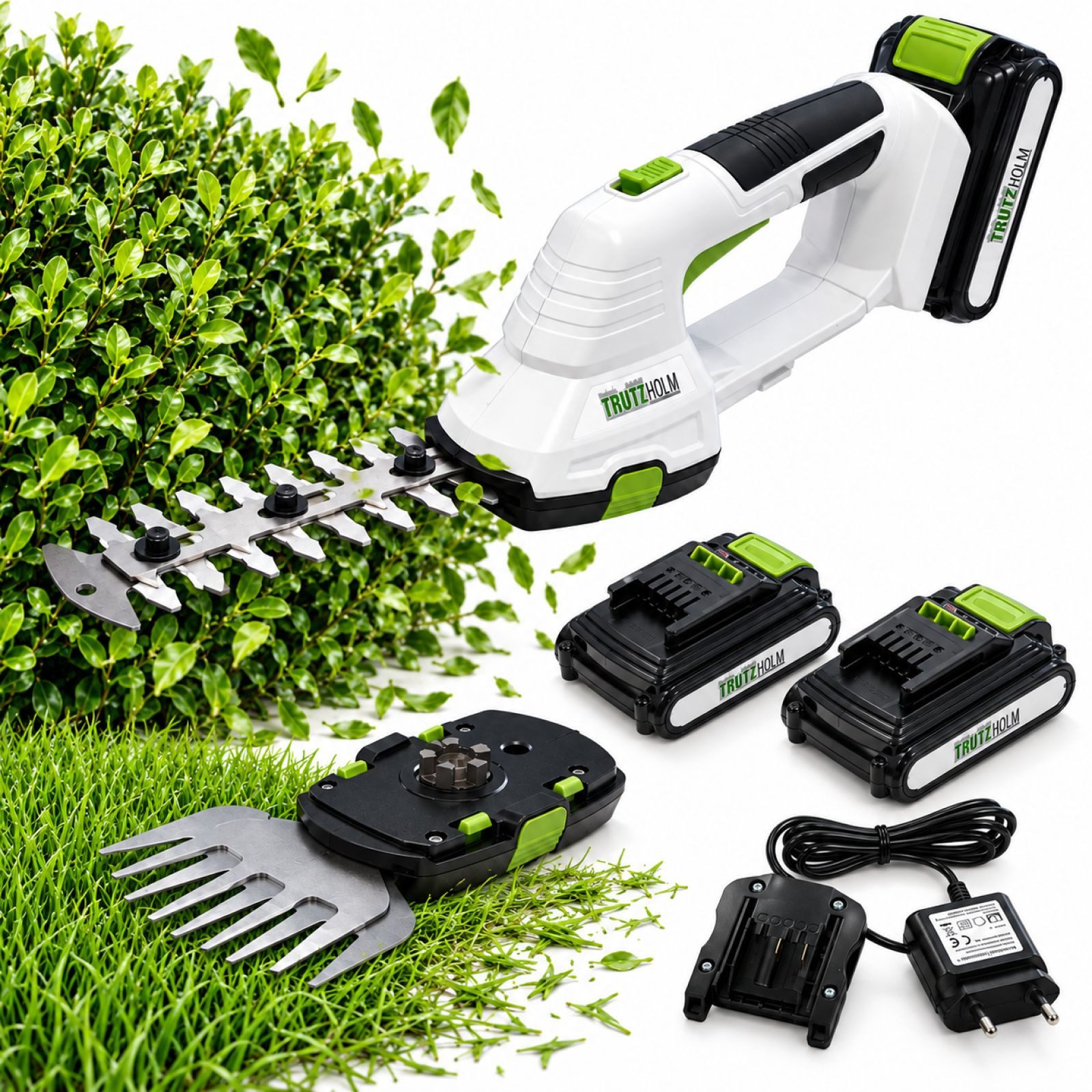 TRUTZHOLM Akku-Gras- und Strauchscherenset Rasentrimmer 20 V 2-in1 10 cm Gras- und 20 cm Strauchklinge Grasschere, (Komplett Set, 1 St., inkl. 2 x2.0Ah Akku), ergonomischer Handgriff