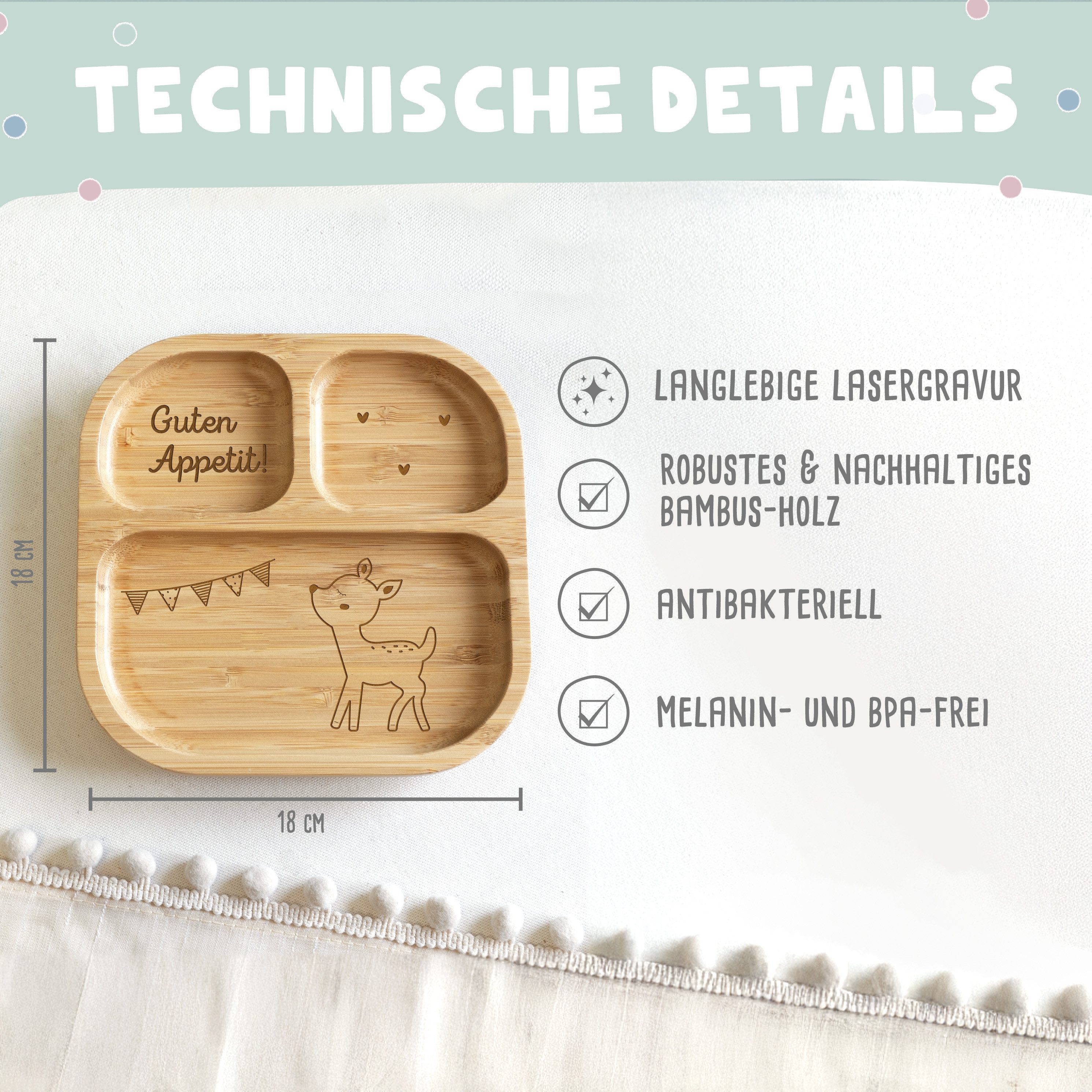 hellomini Kindergeschirr-Set Babyteller "Reh" Bambus Teller mit rosa Besteck (1-tlg), 1 Personen, Bambus, Silikon, BPA-frei, mit Motiv, rutschfest,Saugnapf, Montessori-Fächer
