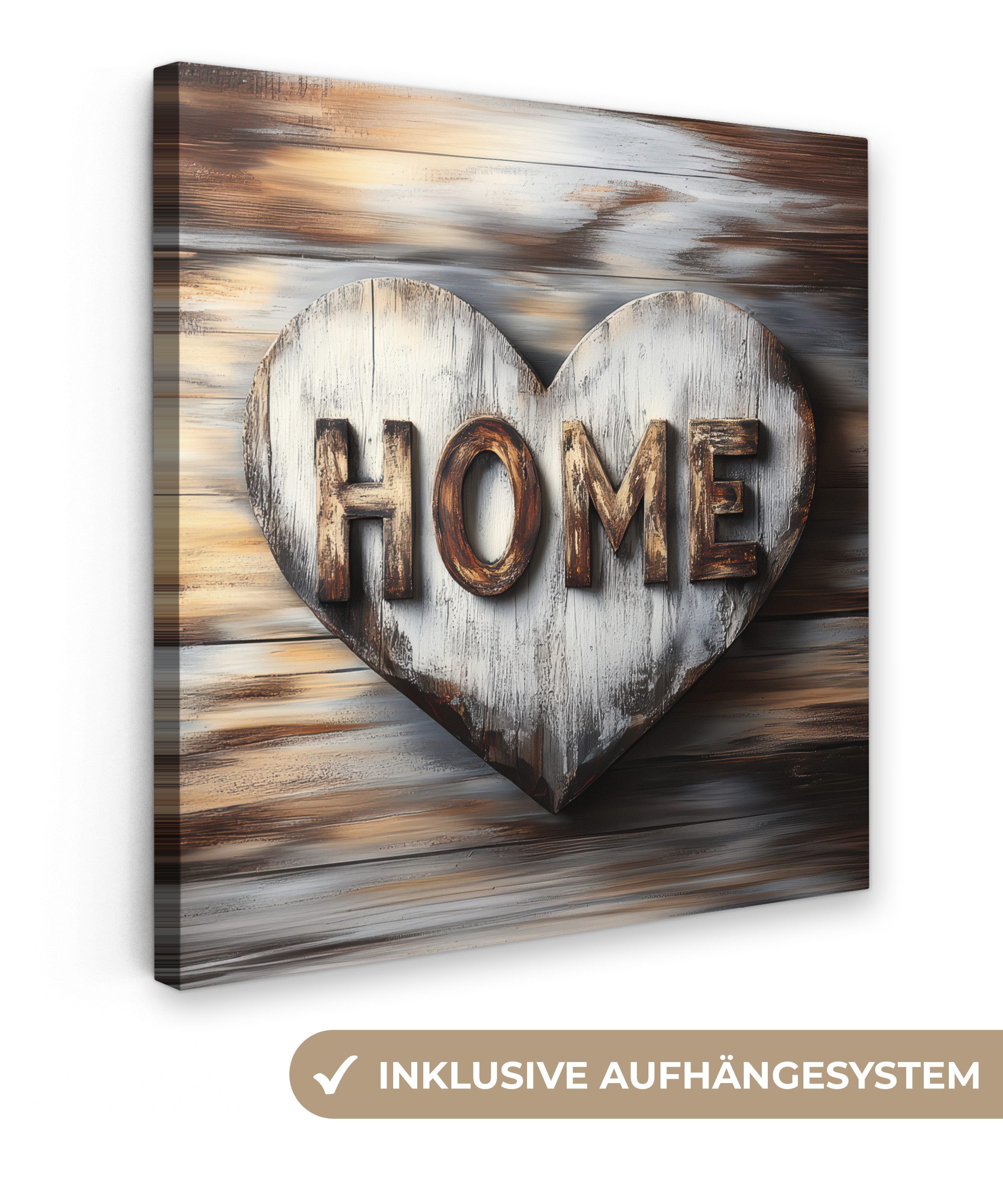 OneMillionCanvasses® Leinwandbild Zuhause - Herz - Holzoptik - Liebe, Fotod günstig online kaufen